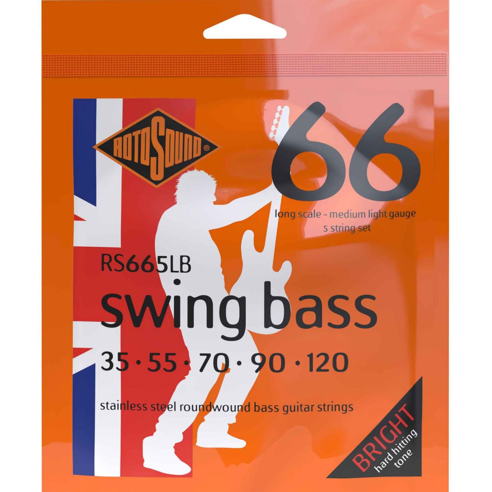 Rotosound RS665LB Swing Bass 66 Stainless Steel 5-String Bass Guitar Strings (35-55-70-90-120 Gauge) - Perfect for Rock, Jazz & Studio Recording