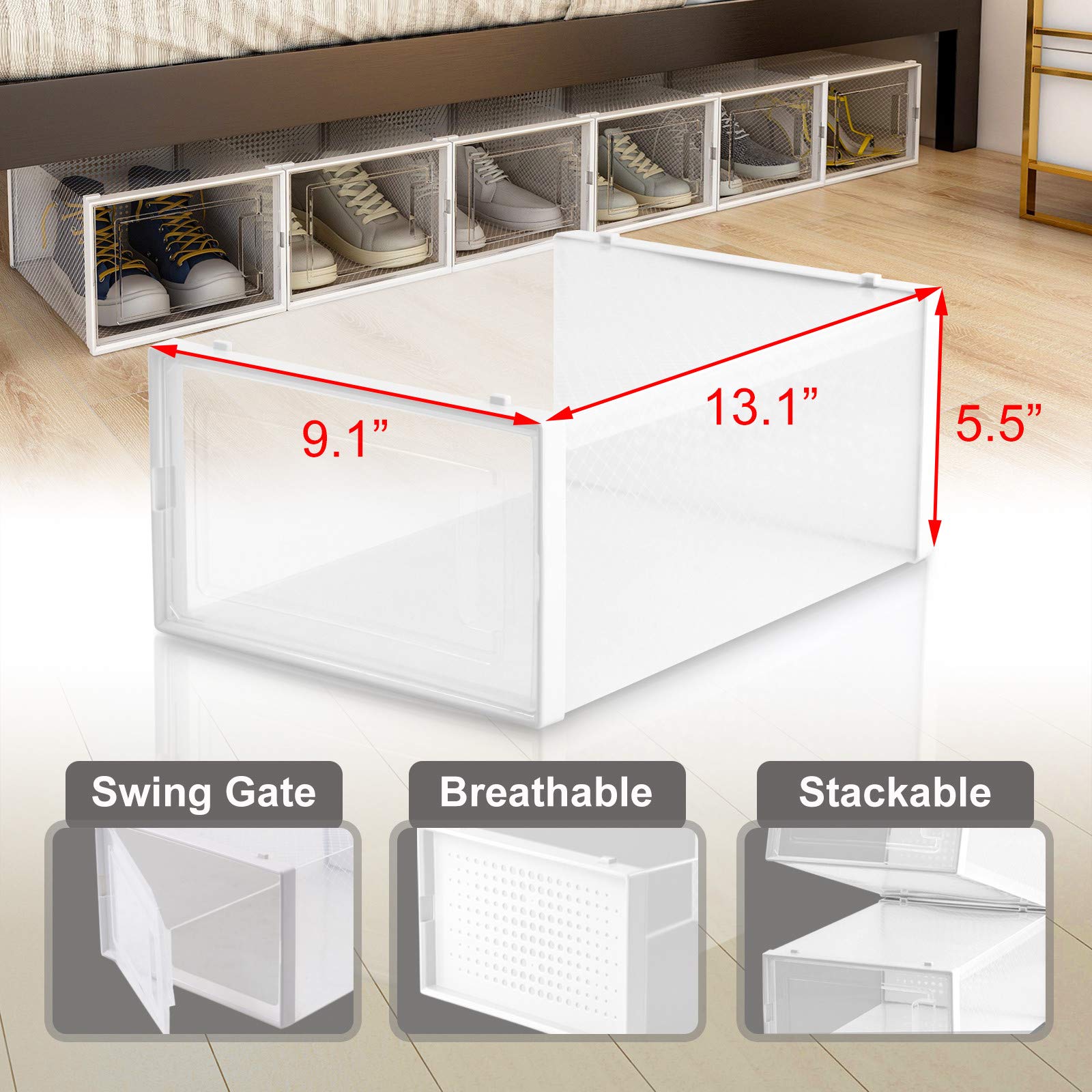 6-Tier Collapsible Stackable Shoe Organizer Rack - Clear Plastic Shoe Storage Cabinet for Closet & Entryway - Space Saving Shoe Boxes with Lids for Men, Women, Kids (Small/Medium/Large) - Perfect for Sneakers, Boots & Seasonal Shoe Organization