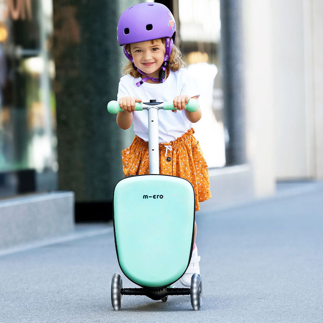 Micro Junior Luggage Scooter for Kids - Mint Green Lightweight Foldable Travel Scooter - Perfect for Airports, Malls & Family Vacations