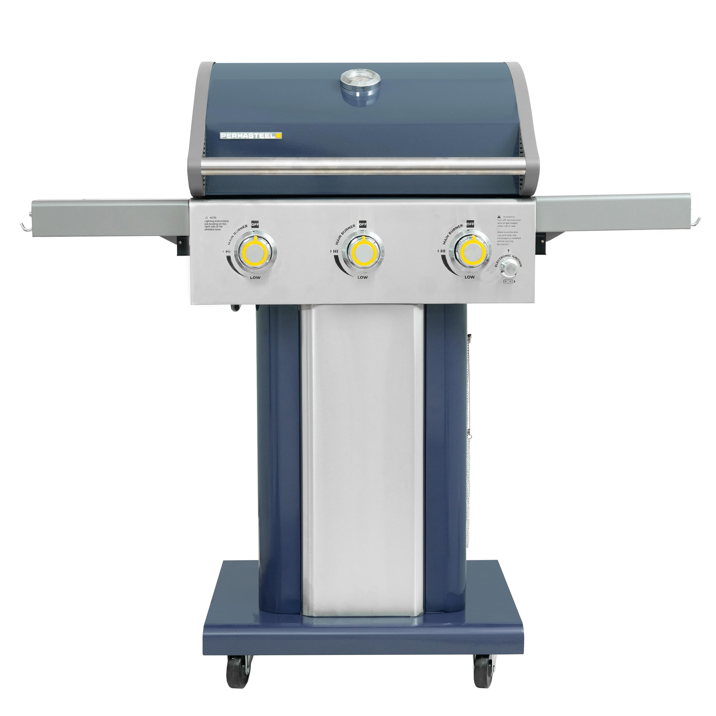 Premium Permasteel 3-Burner Propane Gas Grill - 30,000 BTU Outdoor BBQ Grill with Cast Iron Grates, Foldable Side Tables & Tool Hooks - Perfect for Backyard, Patio, and Camping - Azure Blue