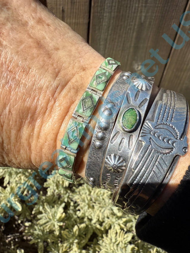 Vintage Sterling Silver Panel Bracelet with Mint Green & White Glass Inlay - Elegant Boho Jewelry for Women, Perfect for Parties, Weddings & Everyday Wear