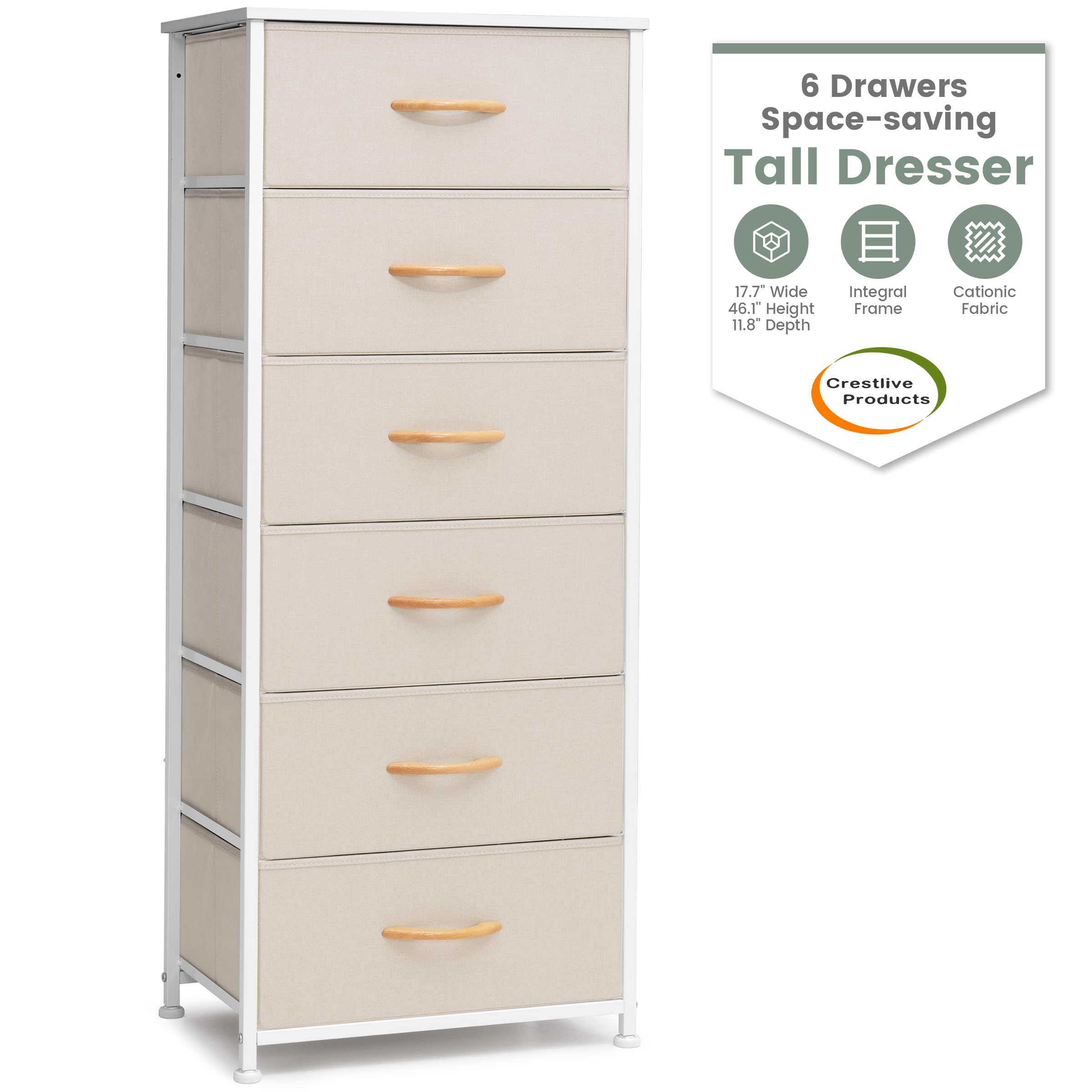 Crestlive 6-Drawer Tall Dresser for Closet - Vertical Storage Tower with Sturdy Steel Frame & Wood Top | Easy Pull Fabric Bin Handles | Bedroom, Hallway & Entryway Organizer | Perfect for Small Spaces & Apartment Living (Beige)