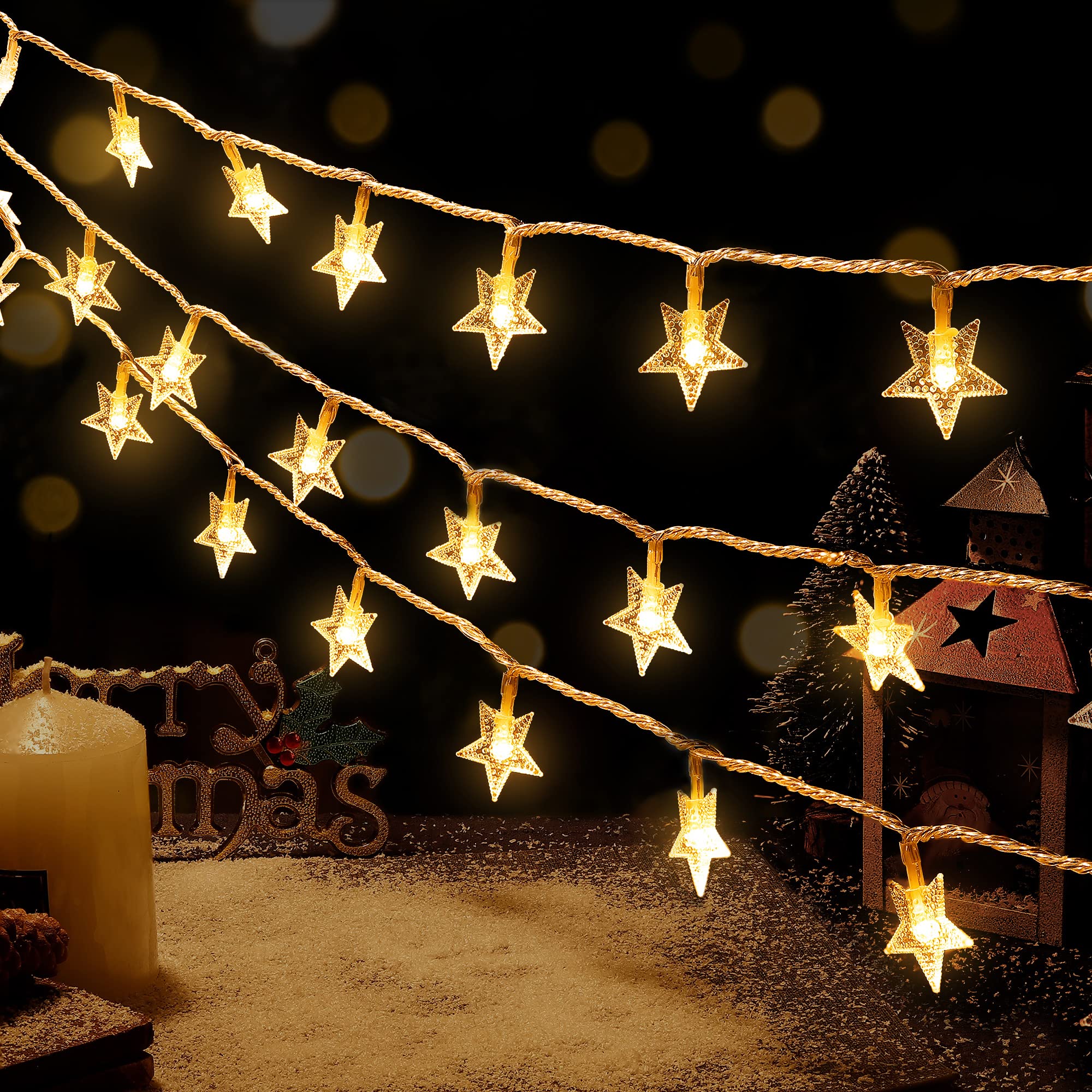 HEYFUNi Fiee Fairy 304 LED Curtain Lights - 9.8ft x 9.8ft Window Lights with 8 Lighting Modes & 100 LED 33ft Star String Lights (Warm White) - Perfect for Bedroom, Wedding, Party, and Outdoor Decor