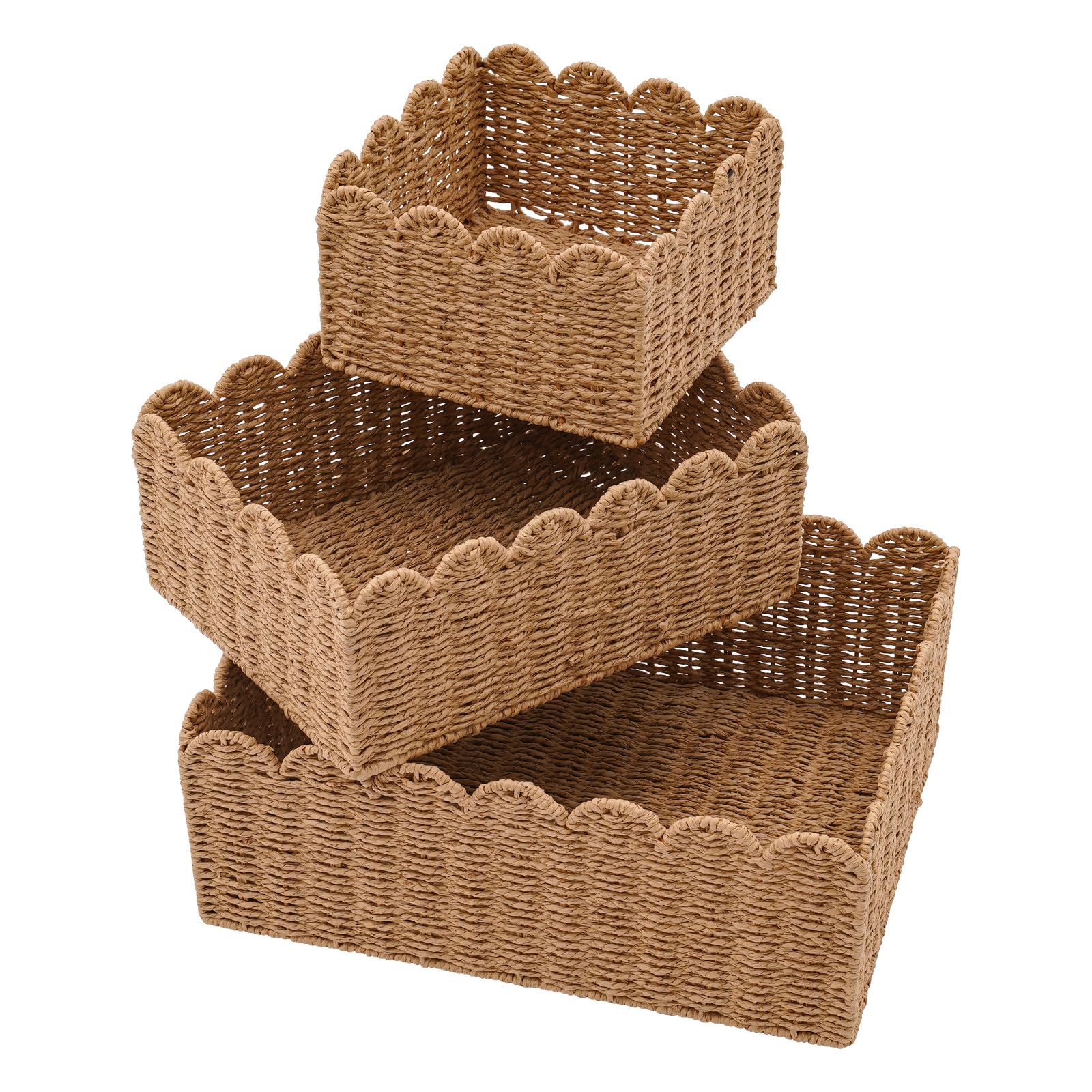 3-Piece Woven Rattan Storage Baskets Set with Lids - Scalloped Edge Home Decor Organizer (4.33/5.12/6.1 Inch Height) - Perfect for Bathroom, Bedroom & Nursery Storage