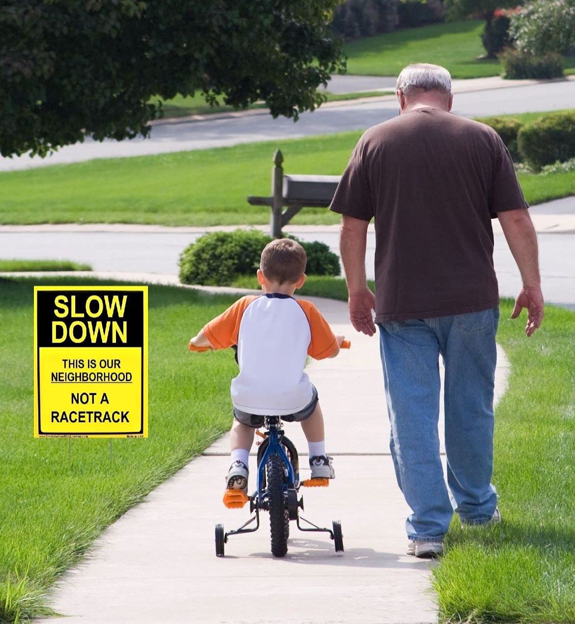 Slow Down This Is Our Neighborhood Not A Racetrack - 2 Pack Yellow Double Sided Yard Signs with Metal Stand - Perfect for Residential Streets & School Zones Safety Awareness