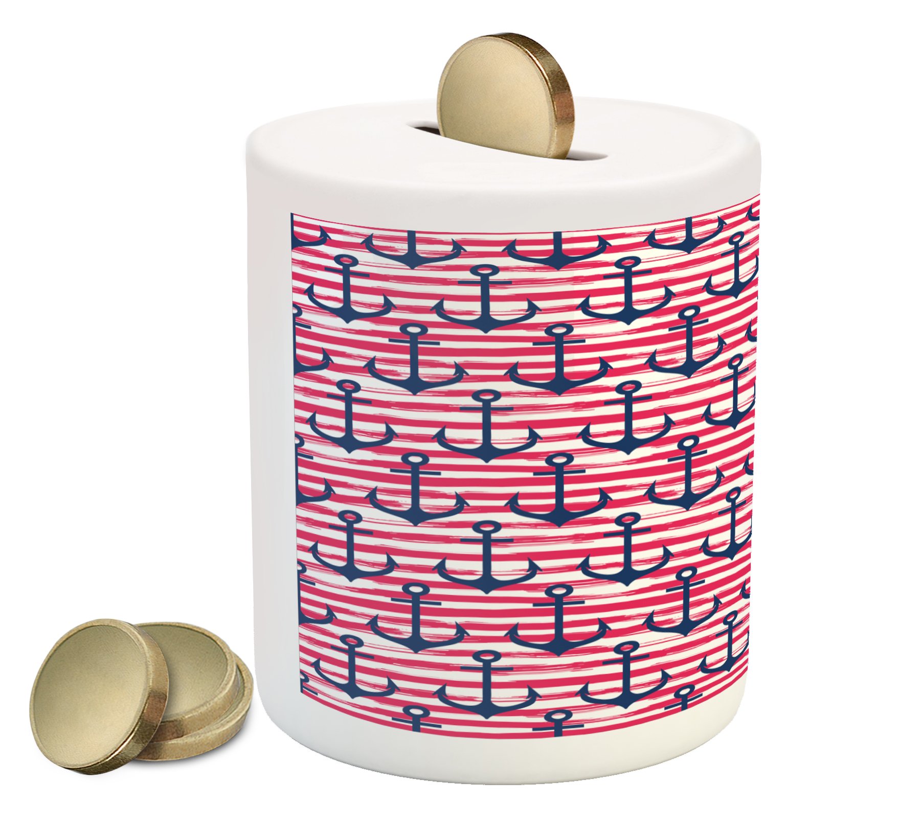 Ambesonne Ceramic Piggy Bank with Blue Anchors & Marine Stripes - Handmade Money Box for Cash Savings - Perfect for Kids' Allowance, Coin Collection & Home Decor (Dark Blue, Magenta, White)