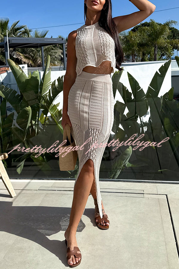 Stylish Solid Color Sleeveless Hollow Knit Crop Top & Elastic Slit Slim Midi Skirt Set - Summer Outfit for Women | Perfect for Beach, Party & Casual Wear