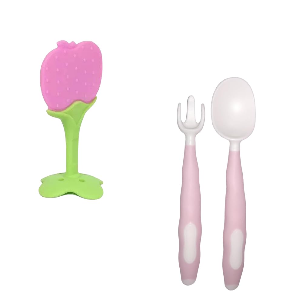 Kritiu BPA-Free Silicone Teether & Baby Spoons Set - Safe Infant Feeding Essentials for Babies 6+ Months - Perfect for Soothing Teething Pain & First Solid Foods (Pink & Baby Pink) | Ideal for Home, Travel & Daycare Use