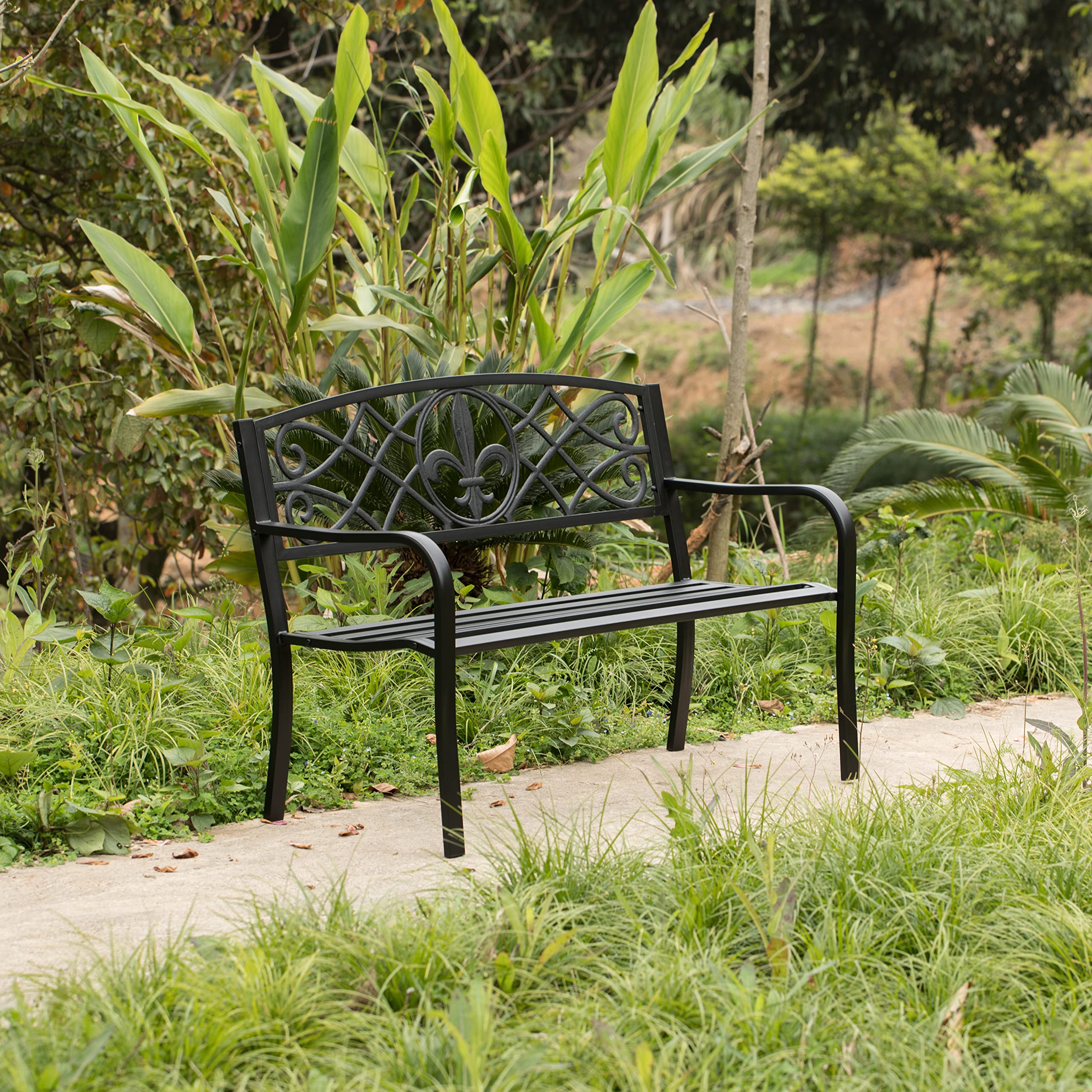 Outdoor Steel Park Bench with Cast Iron Back - Heavy Duty Garden Patio Bench for Yard, Balcony, Deck | Durable Black Seating Bench for Outdoor Relaxation, Park Decor & Backyard Lounging