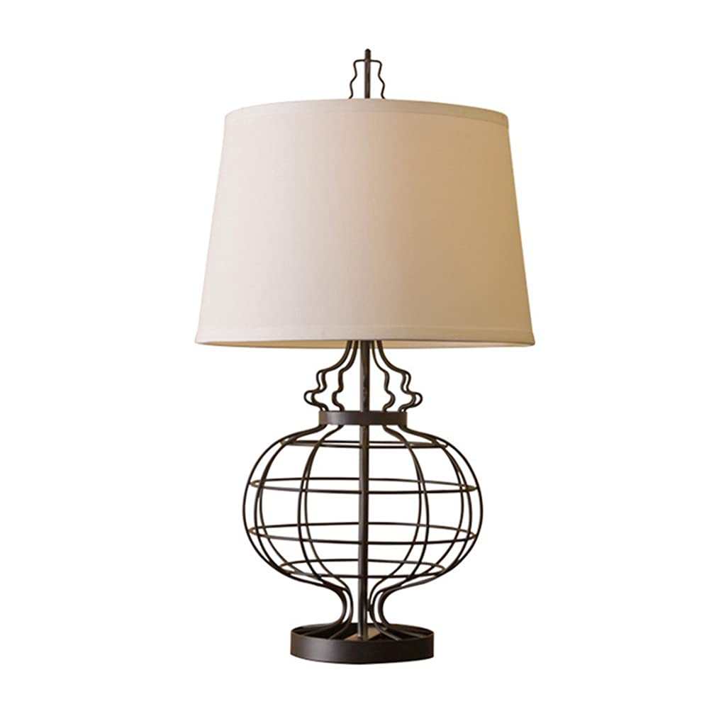 Vintage Black Wrought Iron Globe Table Lamp with Cotton Linen Shade - Bedside Nightstand Lamp for Bedroom, Living Room, Office - 36