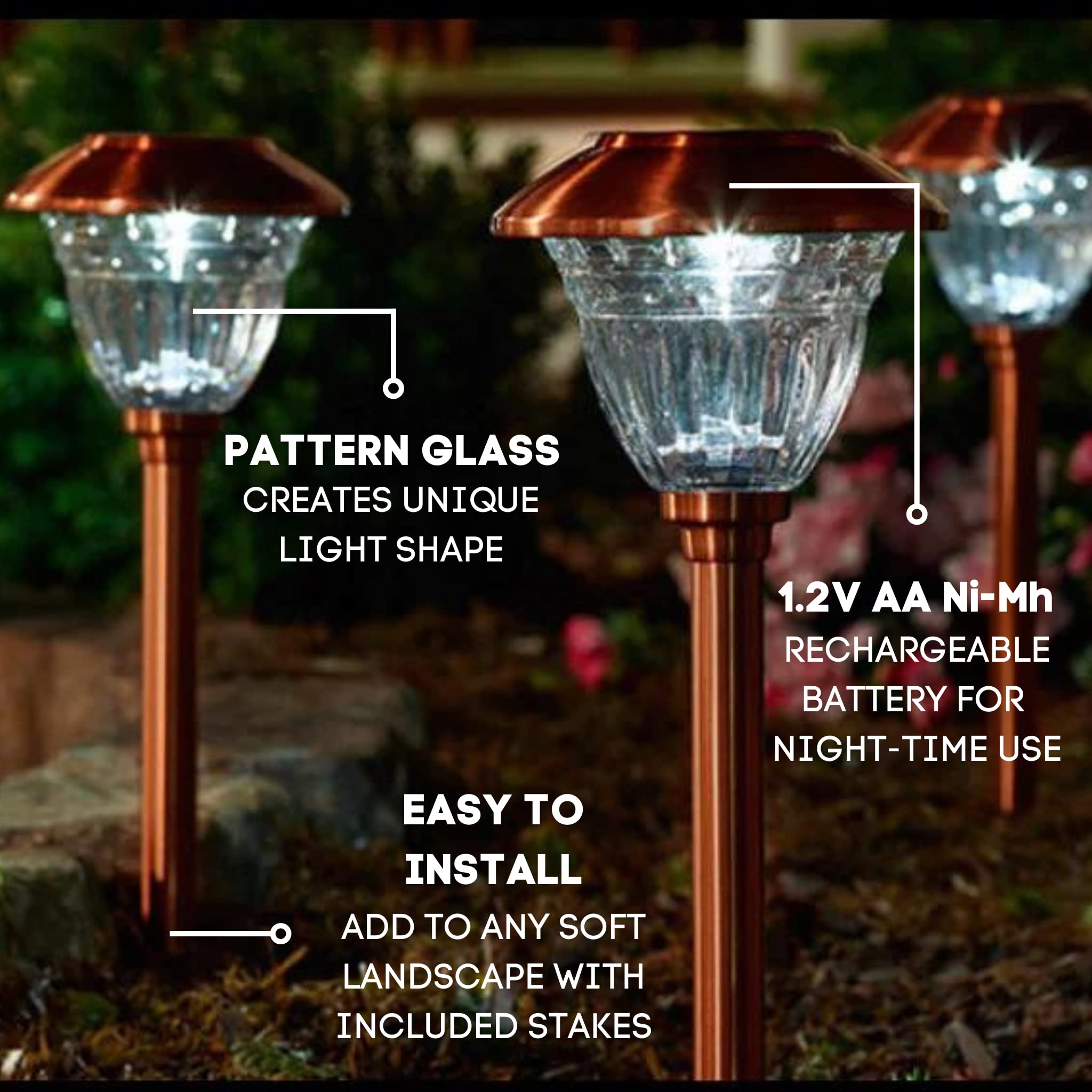 Energizer LED Solar Pathway Lights - 10 Pack Gunmetal Outdoor Solar Lights - IP65 Waterproof with Auto On/Off - Durable Patterned Glass & Metal Construction - Perfect for Garden, Walkway, and Driveway Lighting