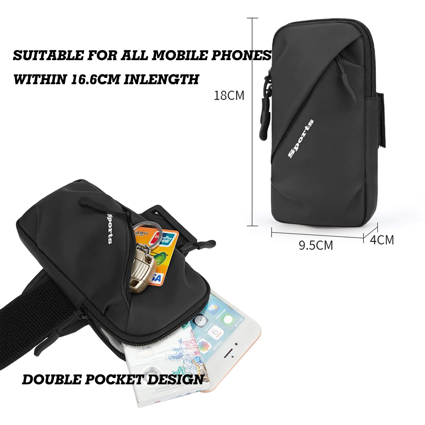 Running Phone Armband - Fits iPhone & Android for Gym, Hiking, Biking - Black