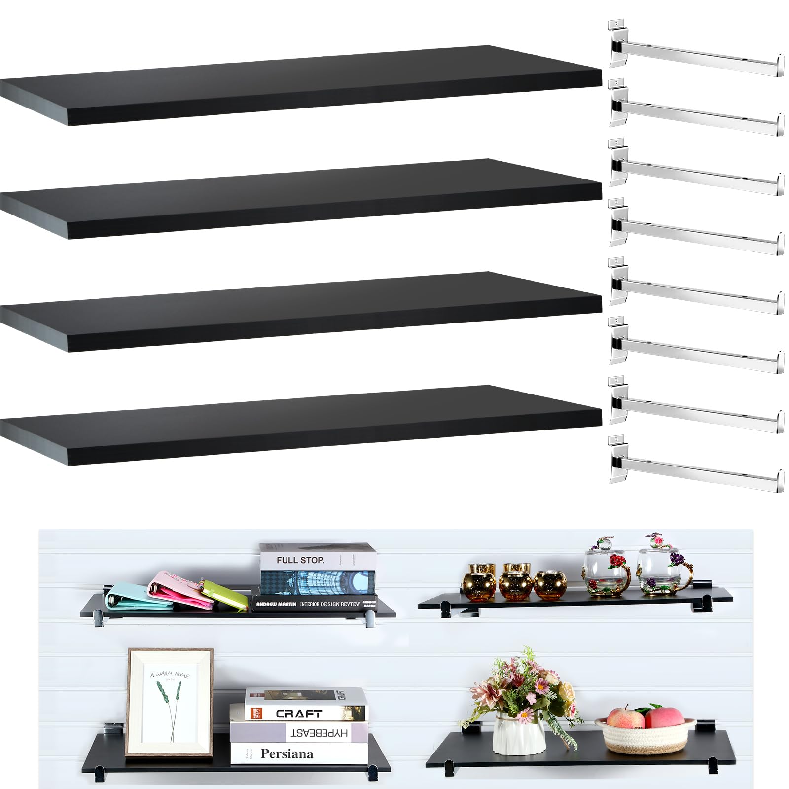 Wenqik 4-Piece Black Slatwall Shelf Set with Heavy Duty Metal Brackets - Wall Mounted Storage Organizer for Garage, Shop, Bedroom & Kitchen Decor | Space-Saving Solution for Tools, Spices & Home Organization