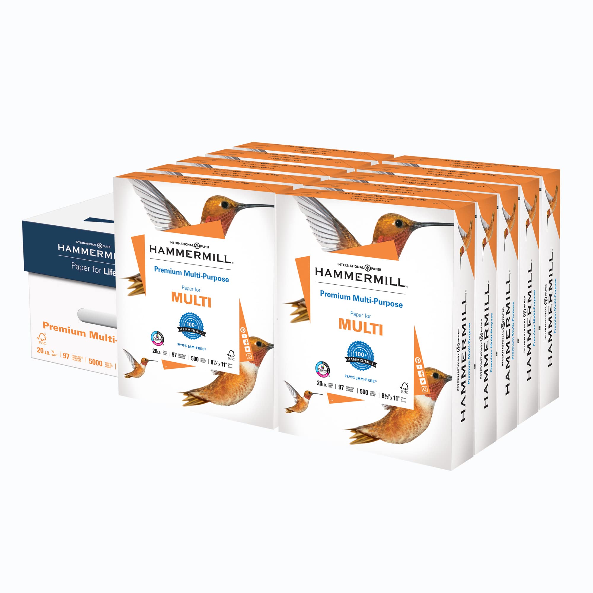Hammermill Premium Multipurpose Printer Paper 20 lb, 8.5 x 11 - 10 Ream (5,000 Sheets) - 97 Bright White, Acid-Free, Made in USA - Ideal for Office Documents, School Projects & Home Printing