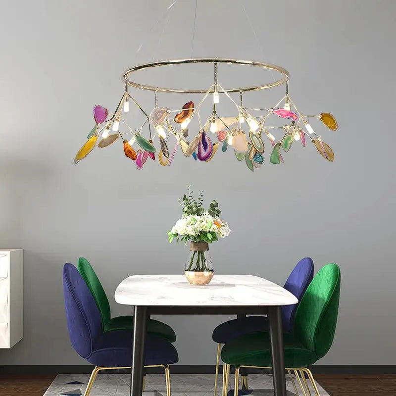 Rustic Style LED Agate Chandelier - Vintage Crystal Pendant Light for Dining Room, Bedroom & Living Room Decor - Energy Efficient Dimmable Lighting Fixture