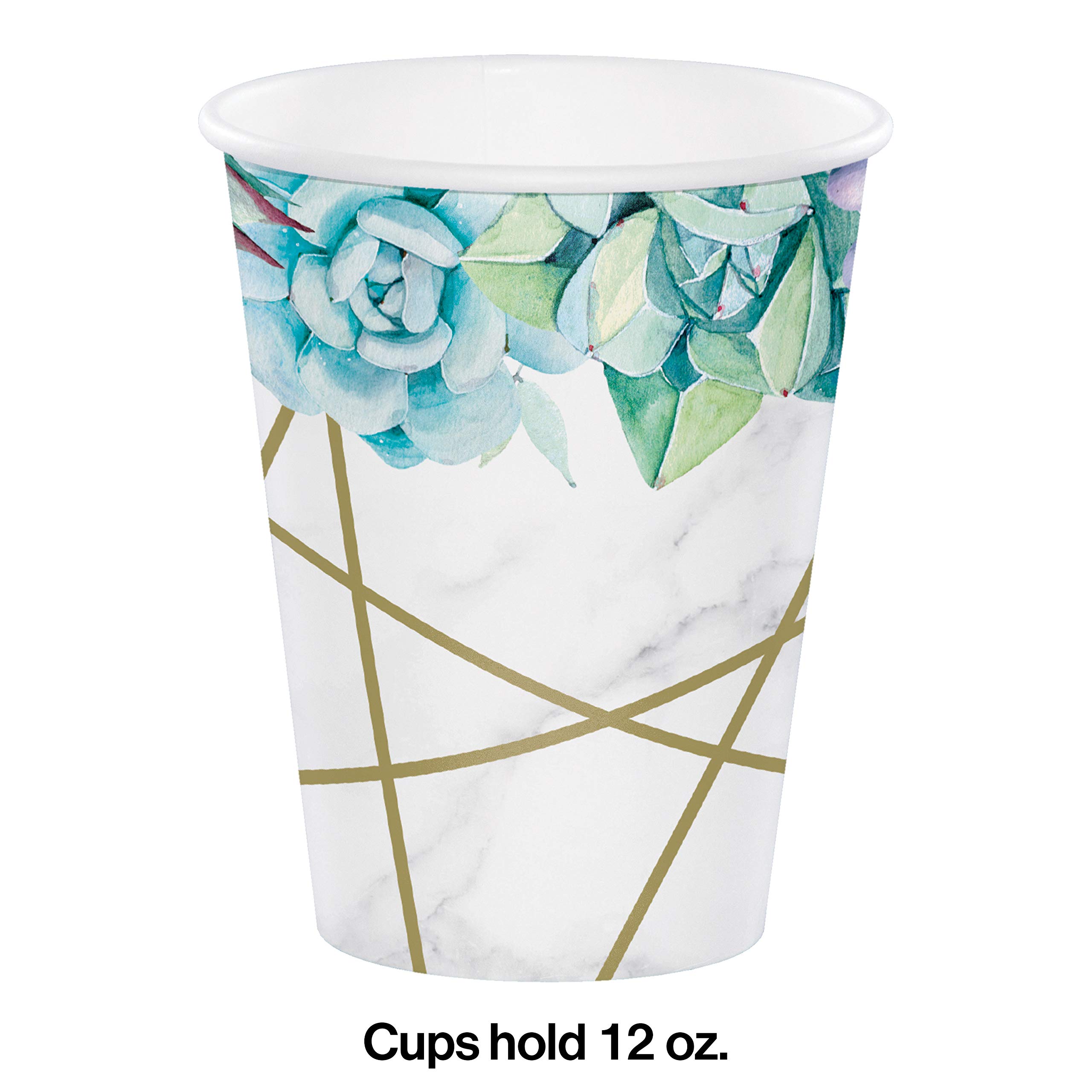Geometric Succulents Paper Cups 12 oz - Stylish Gray, White & Gold Disposable Cups for Parties, Weddings & Home Decor