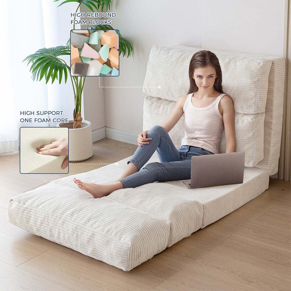 MAXYOYO Folding Sofa Bed - Convertible Corduroy Floor Sofa in Beige | Space-Saving Guest Bed & Lounge Chair for Small Apartments, Dorms & Living Rooms
