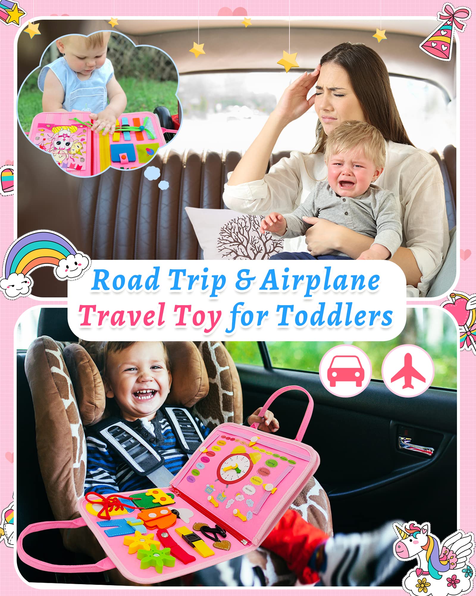 Exorany Montessori Busy Board Sensory Toy for Toddlers 1-4 Years Old - Educational Travel Activity Toy for Fine Motor Skills Development - Perfect Birthday Gift for Boys & Girls - Ideal for Airplane, Car Rides & Preschool Learning