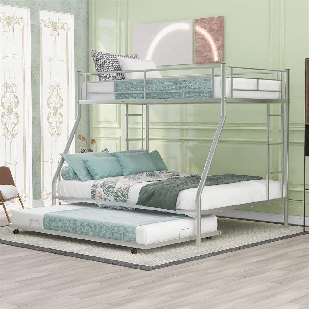LLS Metal Bunk Bed with Trundle - Twin Over Full Bunk Bed Frame with Full-Length Guardrail & 2 Ladders | Heavy Duty Space-Saving Bunk Bed | Convertible to 2 Separate Beds | No Box Spring Needed | Silver Finish | Perfect for Kids' Rooms, Dormitories & Small Spaces