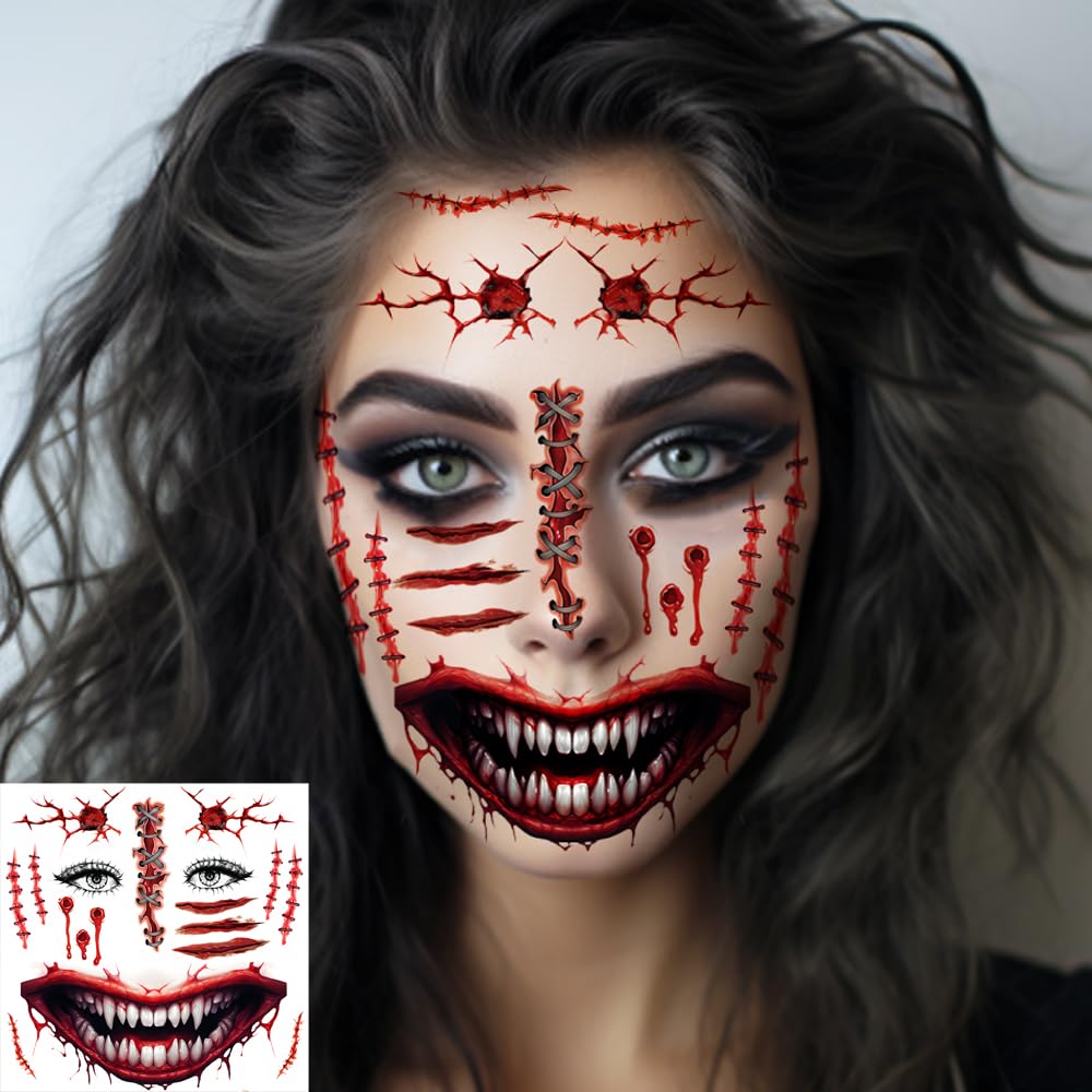 Scary Halloween Temporary Tattoos Set - 5 Face Tattoos + 1 Fake Scars & Stitches Sheet with Bloody Mouth Design | Zombie Makeup, Fake Wounds for Halloween Costume & Party Prank | Perfect for Cosplay, Horror Events and Trick-or-Treating
