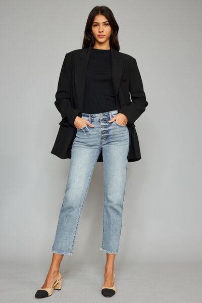 Kancan High Waist Button Fly Raw Hem Cropped Straight Jeans for Women - Trendy Distressed Denim Pants for Casual Outfits & Street Style Fashion