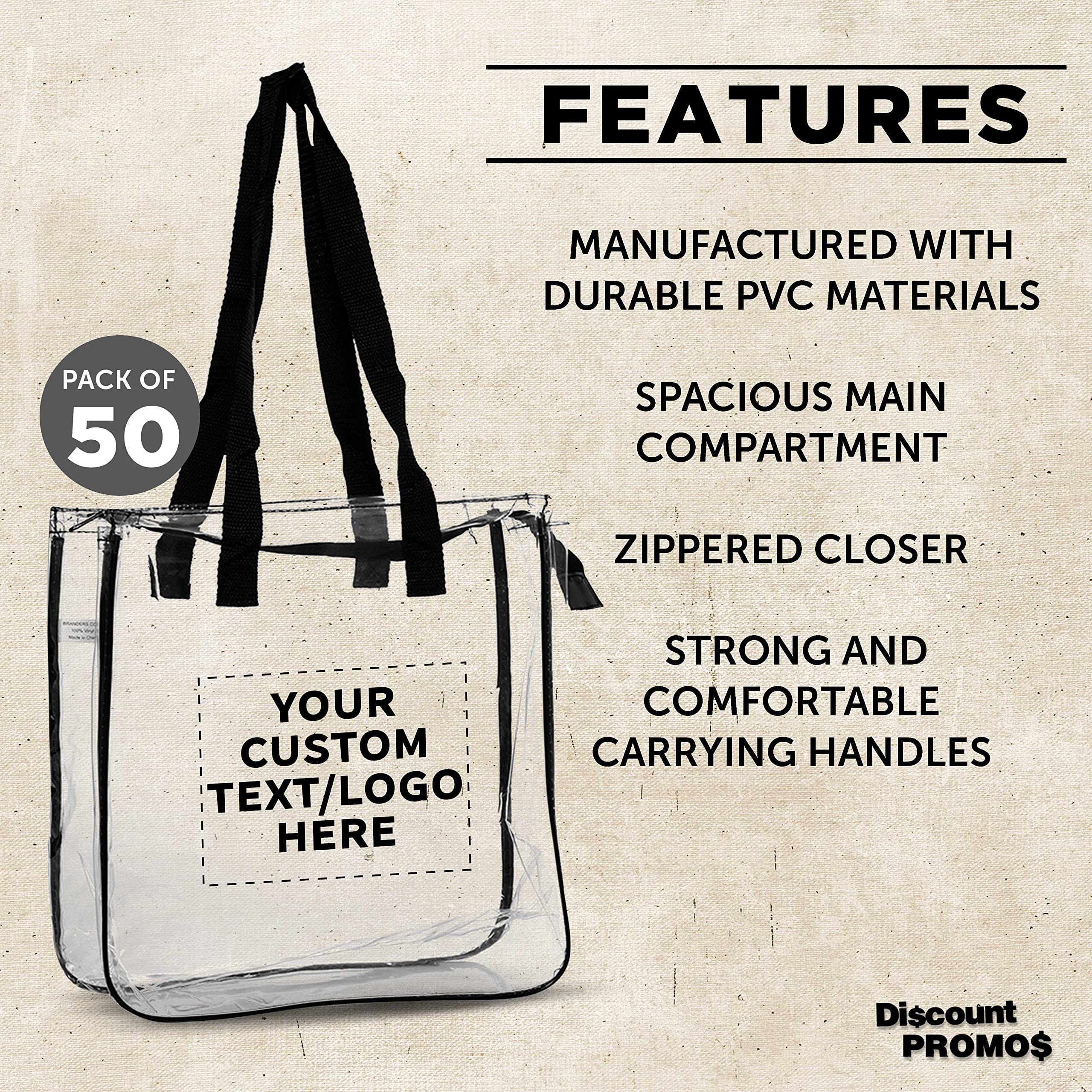 Custom Clear Tote Bags Bulk Pack of 50 - Personalized Reusable Shopping Bags for Groceries, Beach, Picnic & Wedding Favors - Eco-Friendly Clear Plastic Tote Bags for Retail Stores, Events & Promotional Giveaways