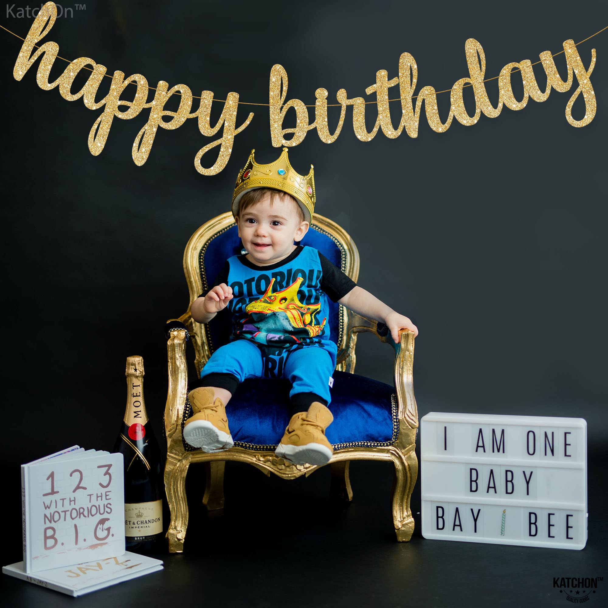 KatchOn Gold Glitter Happy Birthday Banner - 10 Feet Pre-Strung Party Decor for Women, Girls, Bridal Showers & Birthday Celebrations | Ready-to-Hang Gold Foil Sign for Wall Decorations