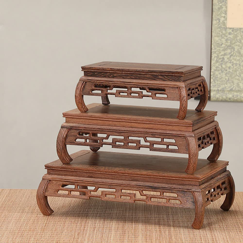 Handcrafted Wooden Rectangular Carved Base Vase & Fishbowl Display Stand - Buddha Statue & Guanyin Pedestal - Antique Home Decor for Living Room, Office & Meditation Space