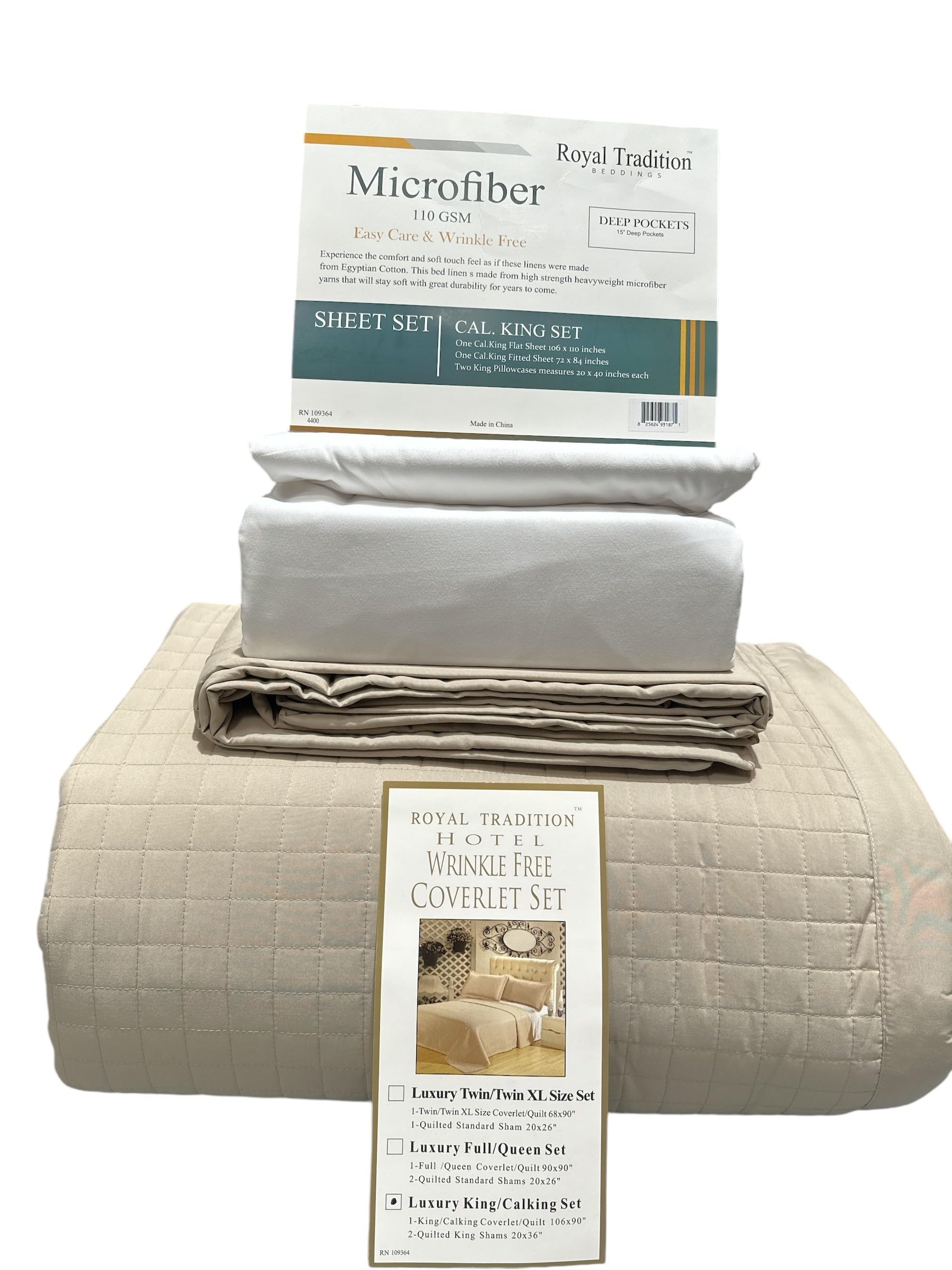 7-Piece California King Beige Checkered Quilted Bedspread Set - Wrinkle-Free Microfiber with 3-Piece Coverlet & 4-Piece Sheet Set - Perfect for Master Bedroom, Guest Room, and Luxury Hotel Decor