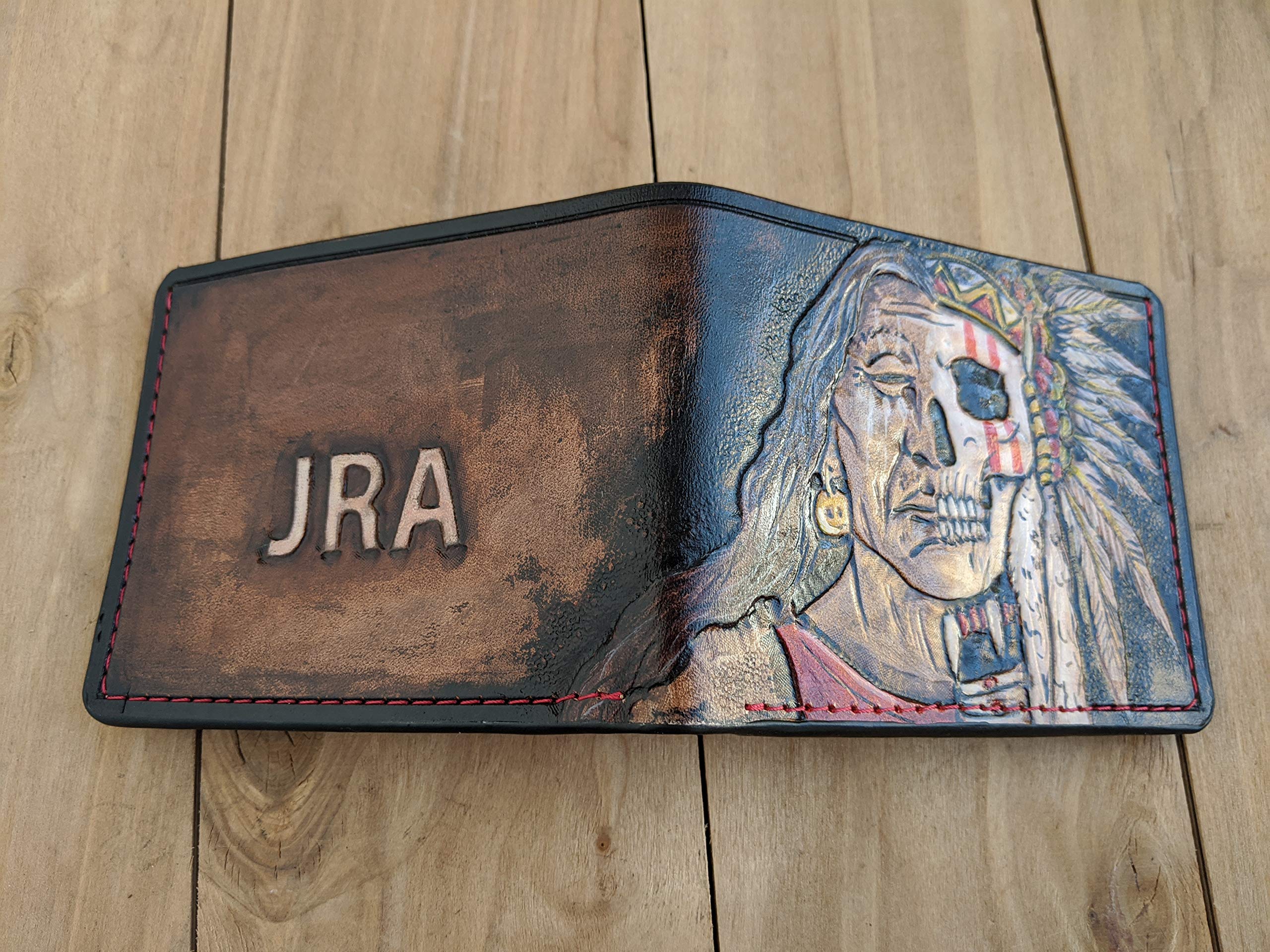 Authentic 3D Genuine Leather Bifold Wallet with Indian Chief Skull & Native American Apache Headdress Design - Handmade Carved Patriotic Men's Wallet for Everyday Use & Gift Giving