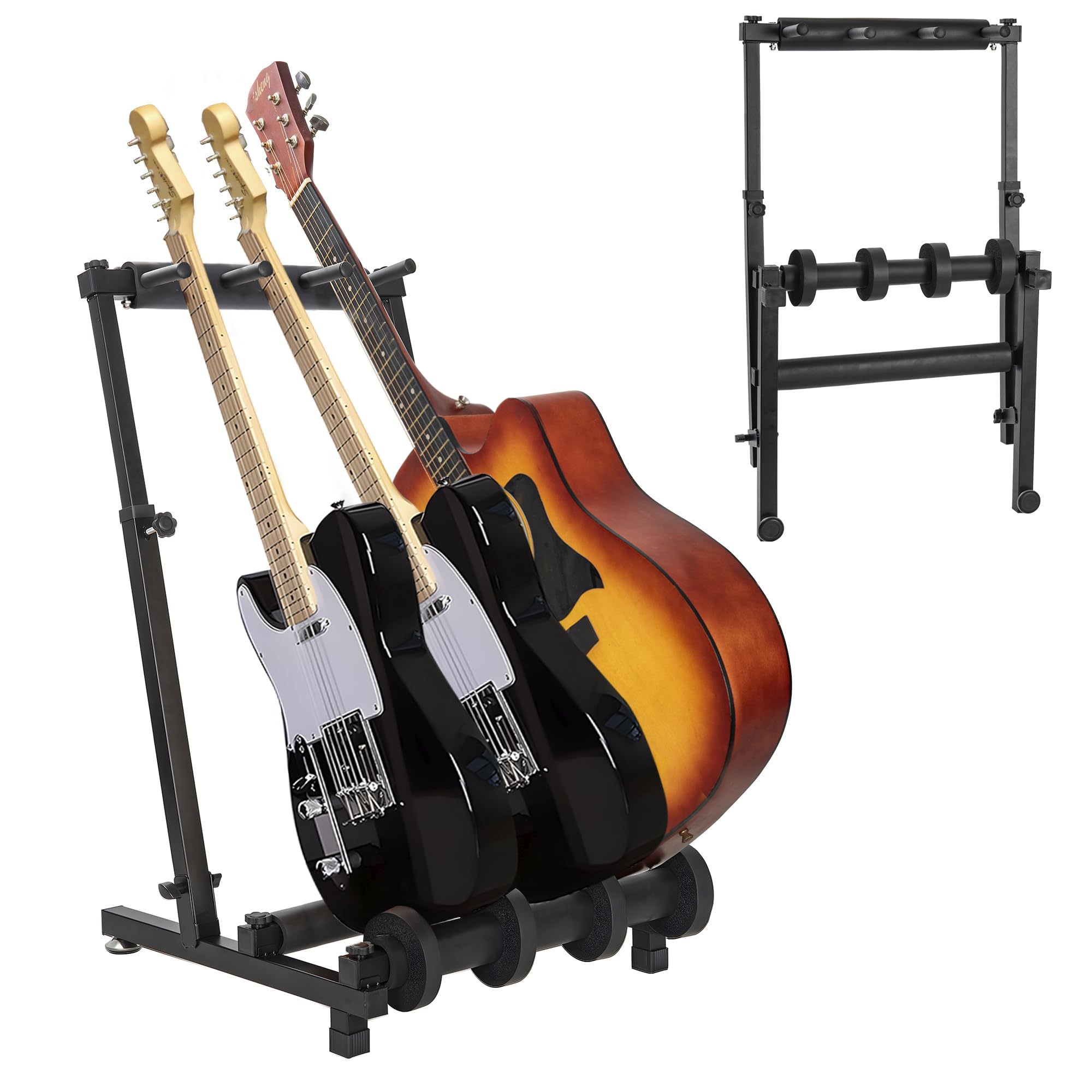 AKOZLIN Universal Folding Guitar Stand - Heavy Duty 3 Holder Display Rack for Electric, Acoustic & Bass Guitars with Non-Slip Rubber Padding | Perfect for Home, Studio & Stage Performances