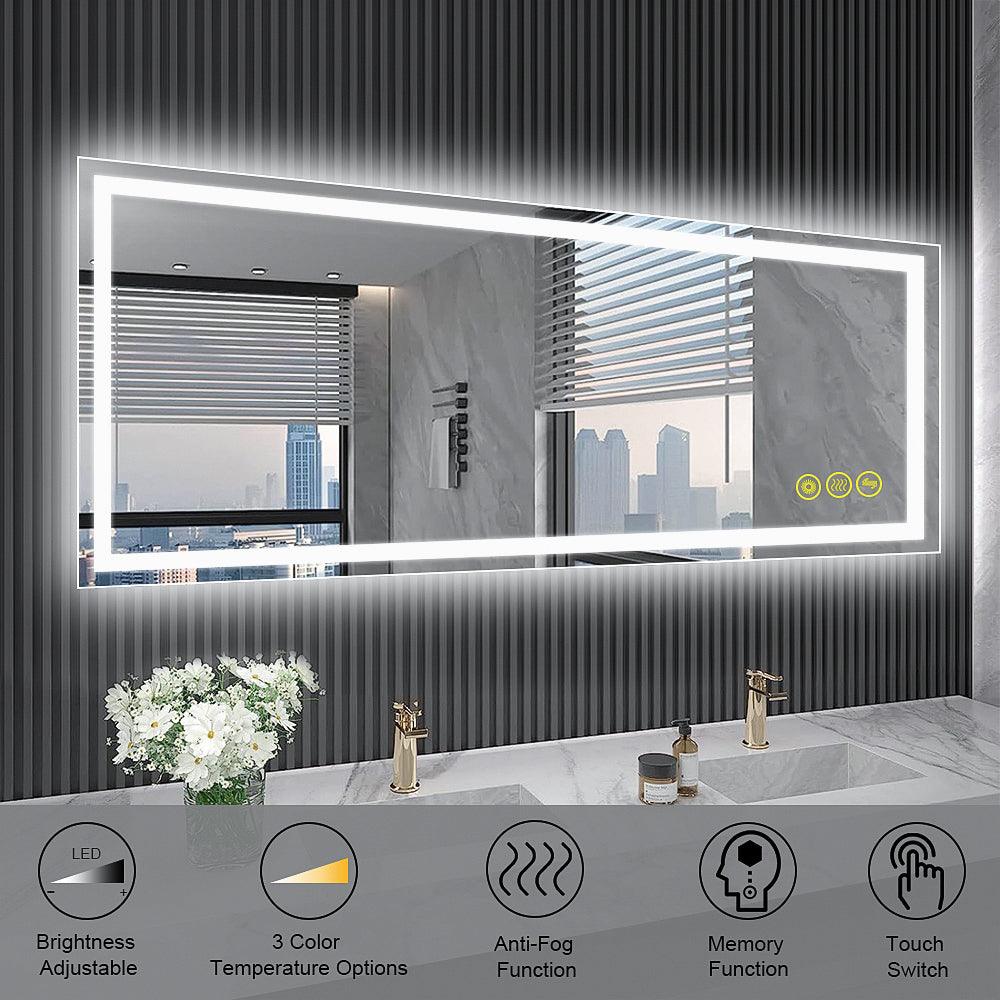GlareGuard Rectangular Anti-Fog Dimmable LED Bathroom Mirror with Backlit - Perfect for Makeup, Shaving & Skincare Routine