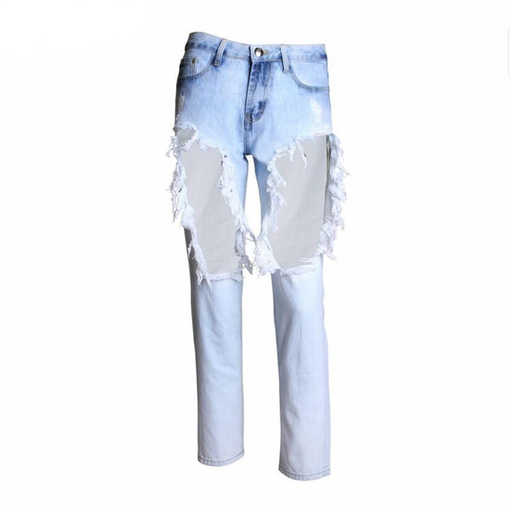 Women's Boyfriend Jeans - Light Blue Distressed Ripped Straight Leg Denim Pants | Summer Casual Style | Perfect for Everyday Wear & Street Fashion