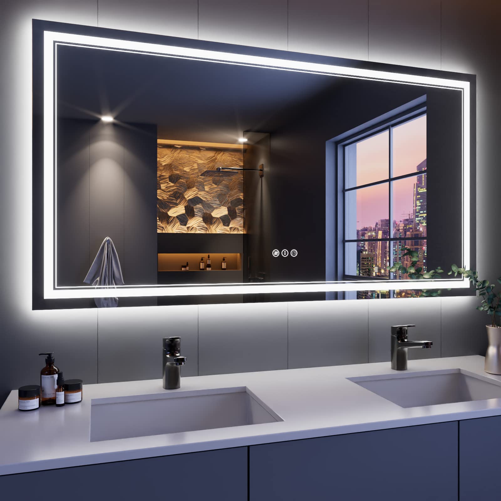 ISTRIPMF 55x30 Inch LED Bathroom Mirror with RGB Backlit & Dimmable Anti-Fog - Color Changing Vanity Mirror with 3 Front Lights for Makeup, Shaving & Home Decor