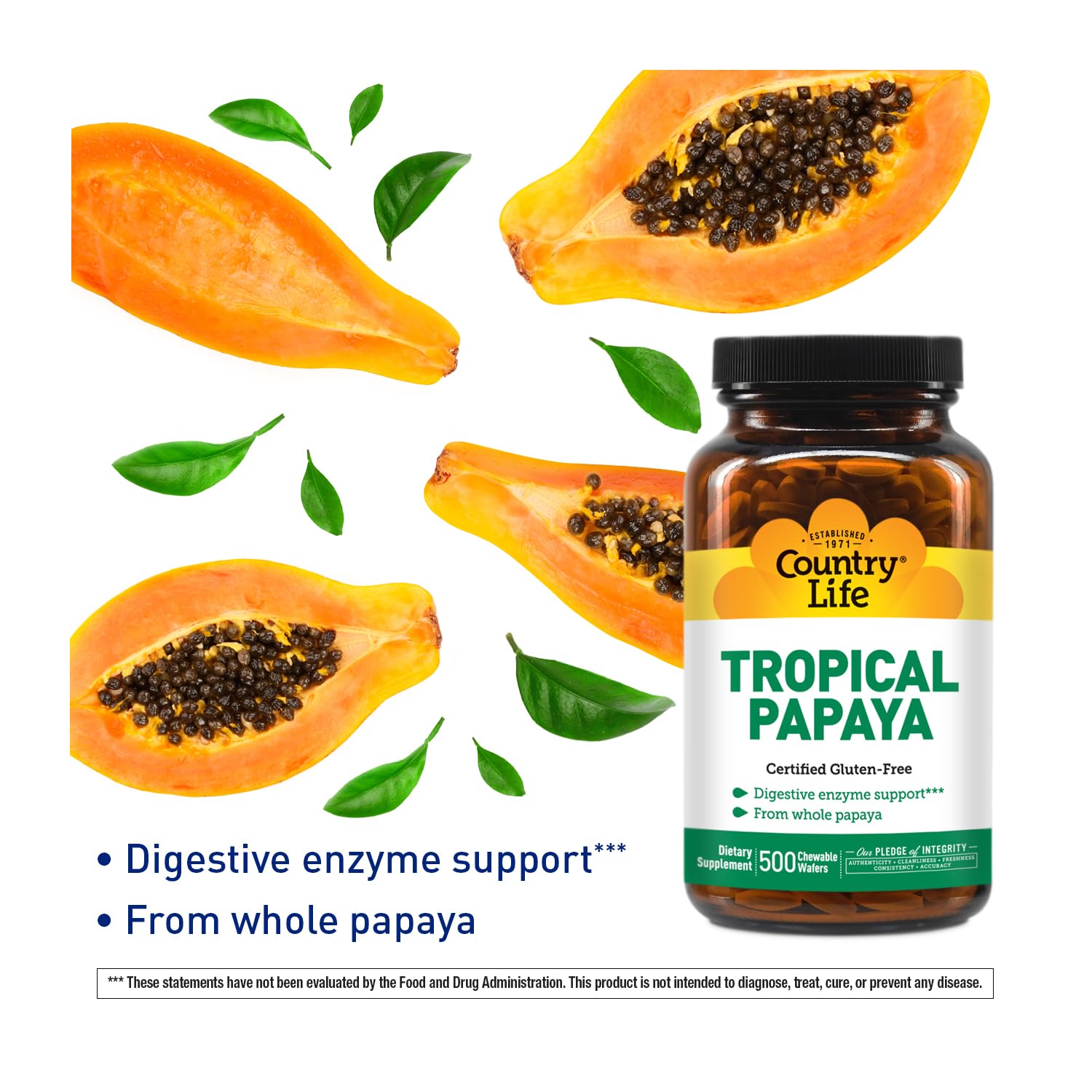Country Life Tropical Papaya Enzyme Chewable Wafers - 500 Count | Gluten Free & Vegan Certified | Digestive Support for Travel & After Meals