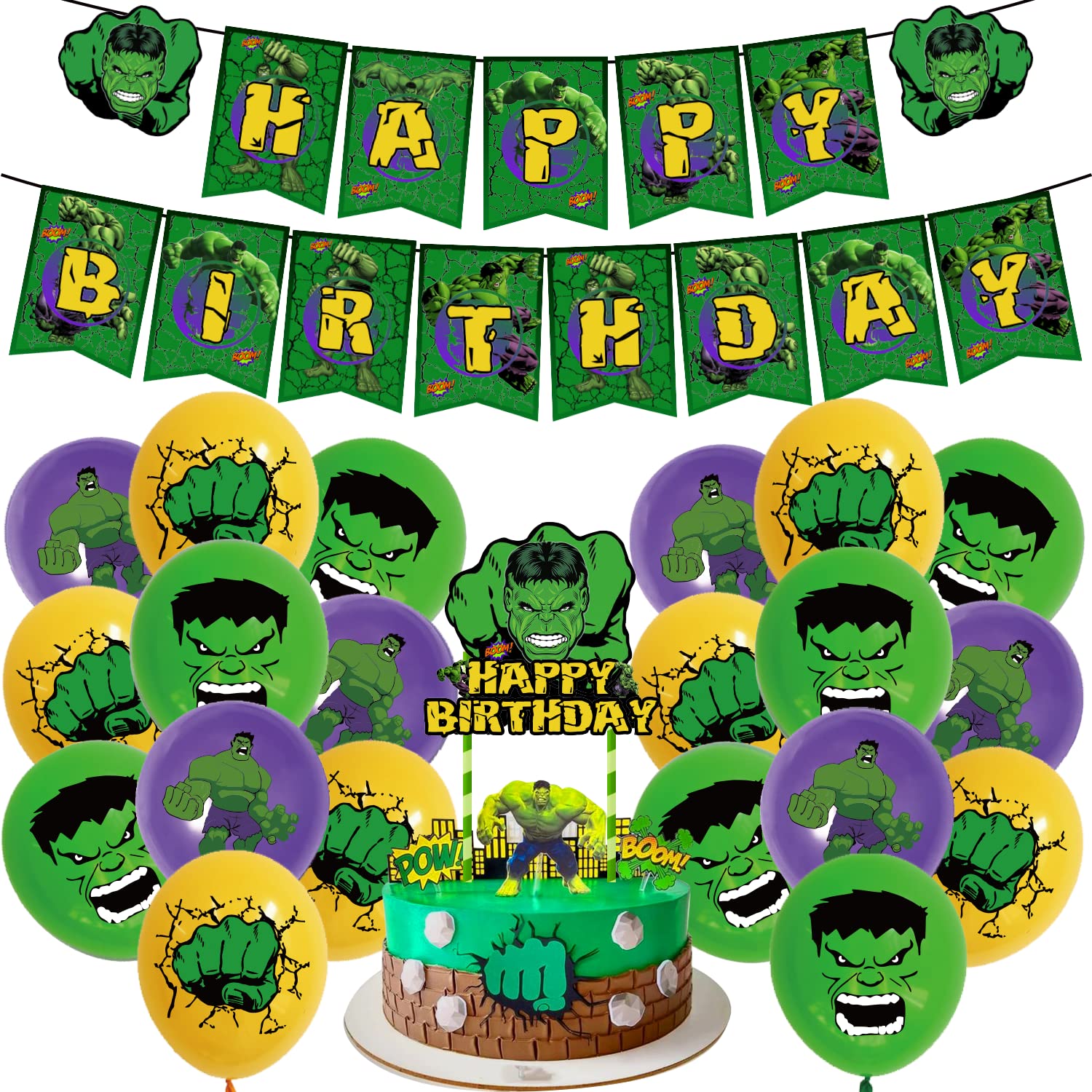 Hulk Birthday Party Decorations Set - Happy Birthday Banner, Cake Topper & Balloons for Kids Superhero Themed Party | Perfect for Hulk Themed Birthday Celebrations, Baby Showers & Superhero Events