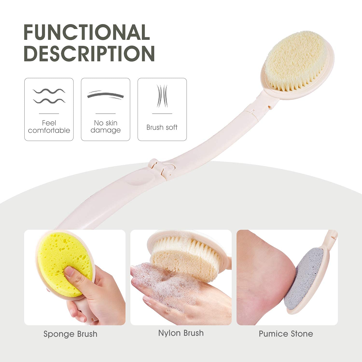 Maioule 3-in-1 Bath Body Brush Set with Long Anti-Mildew Handle, Double-Sided Bath Gloves, Exfoliating Sponge & Pumice Head - Perfect for Shower, Back Scrub, Dry Brushing & Skin Exfoliation