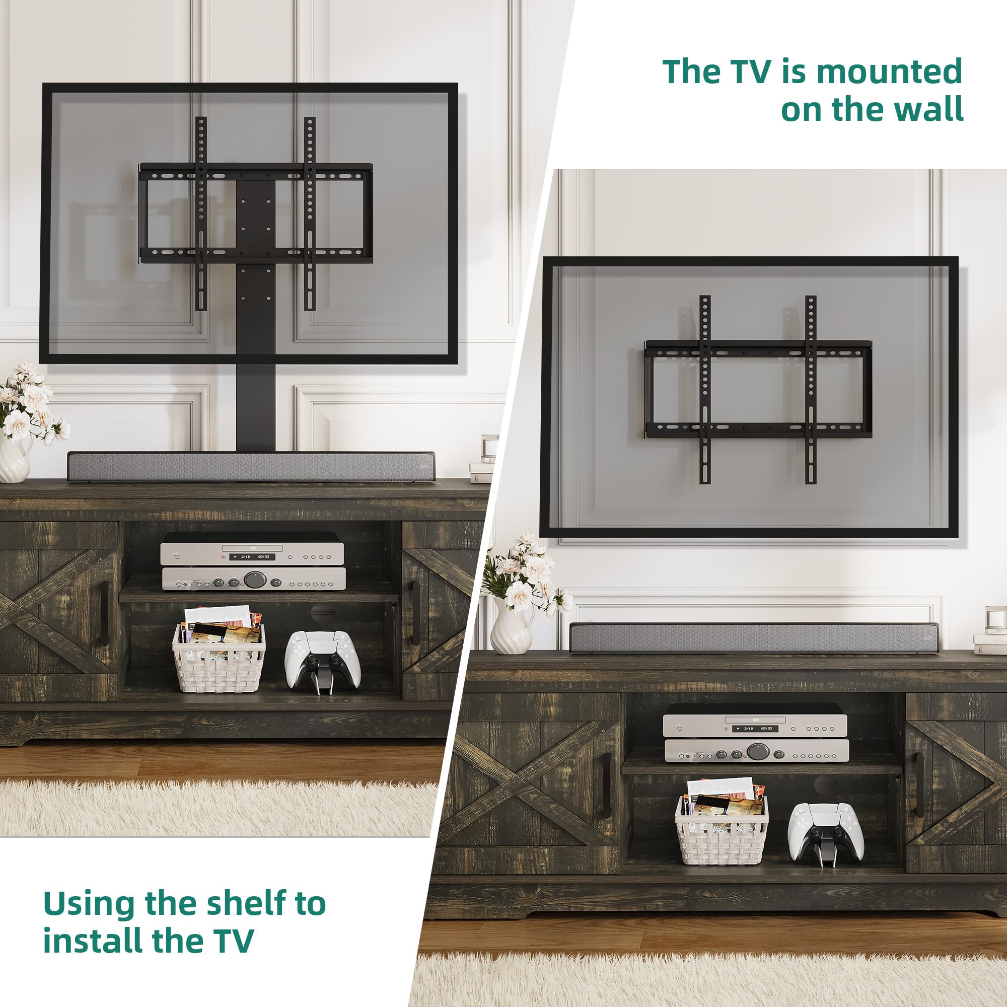 YITAHOME Farmhouse TV Stand with Mount for 32-70 Inch TVs, Sturdy Entertainment Center with Adjustable Shelves - Rustic Oak Media Console for Living Room, Bedroom & Home Theater Setup