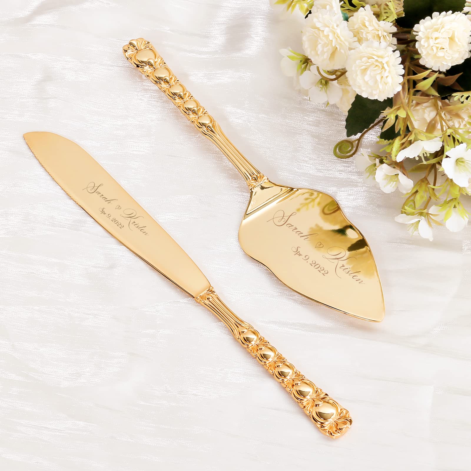 Personalized Gold Cake Knife and Server Set - Wedding Cake Cutting Set, Custom Engraved Pastry Pie Server & Pizza Cutter - Perfect Birthday Gift for Cake Lovers (with Bow) - Ideal for Weddings, Anniversaries, and Special Celebrations
