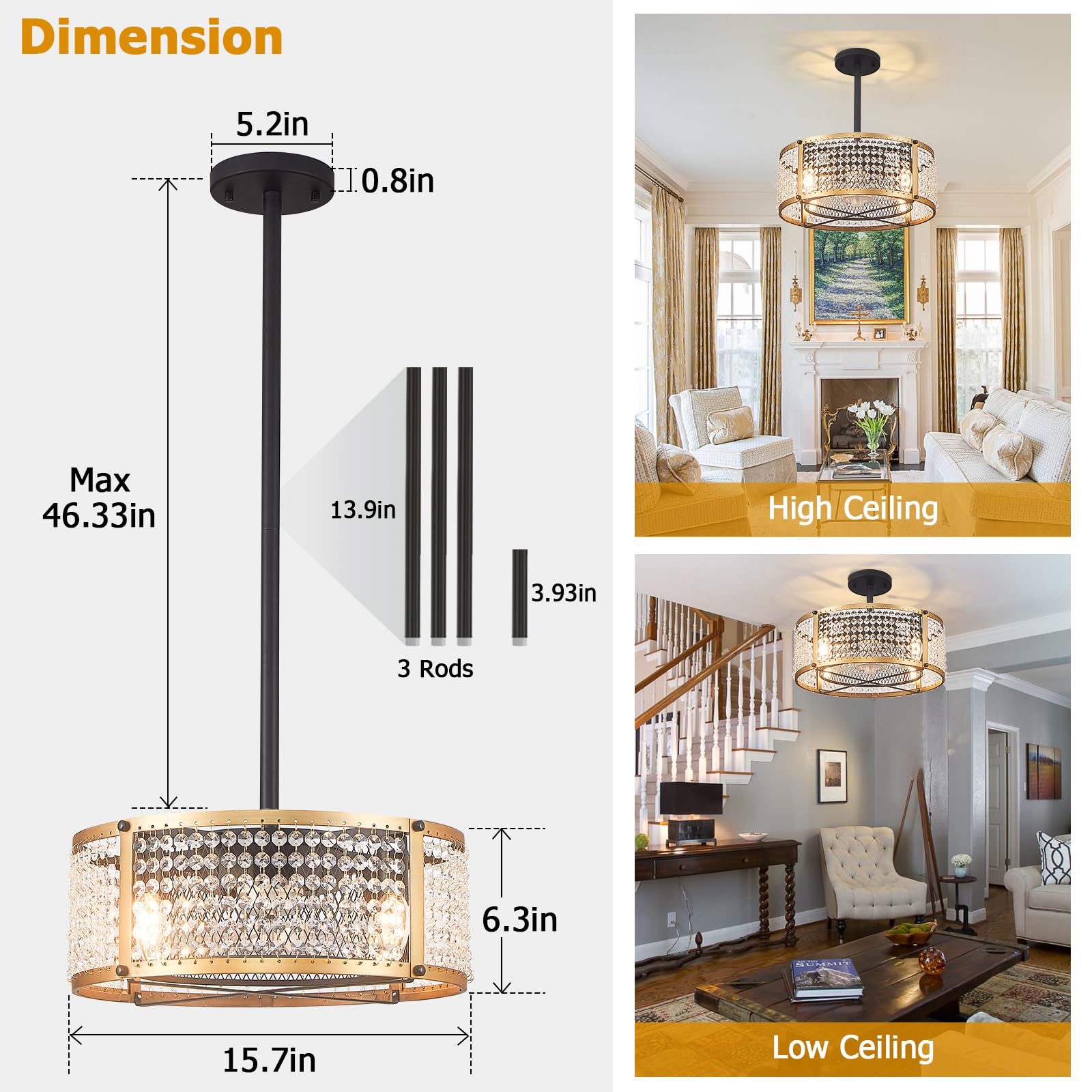 Black and Gold Ceiling Fan with Light - Remote Control Crystal Chandelier Fan, Flush Mount Caged Design for Bedroom, Kids Room & Living Room | Modern Home Cooling & Decorative Lighting Solution