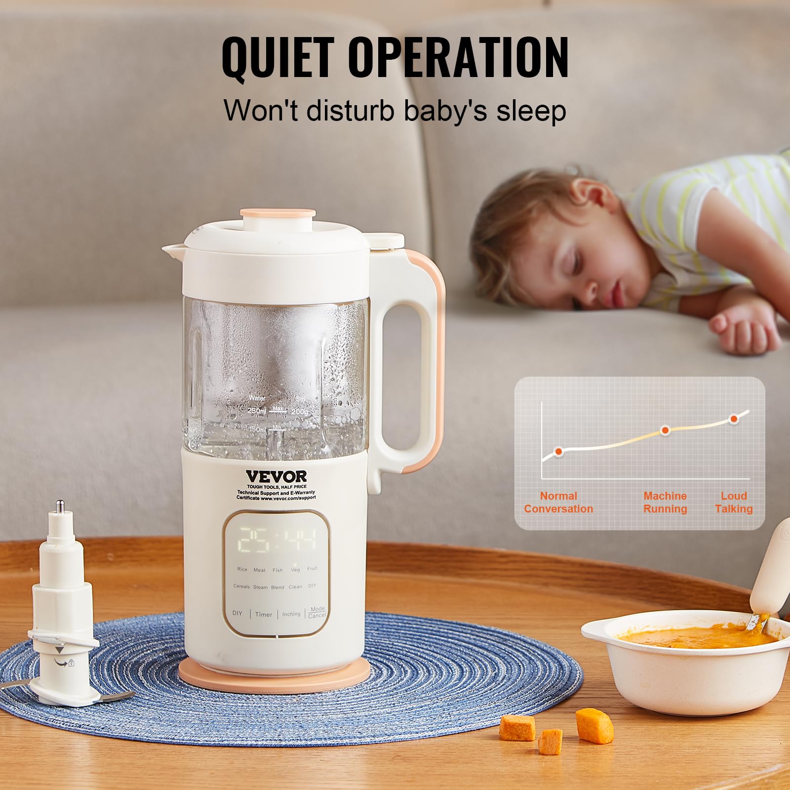 VEVOR 500W Baby Food Maker & Processor with 300ml Glass Bowl - 4-Blade Stainless Steel Puree Blender, Steamer & Grinder for Fruits, Vegetables & Meat | Perfect for Homemade Baby Food Prep & Healthy Toddler Meals | Beige