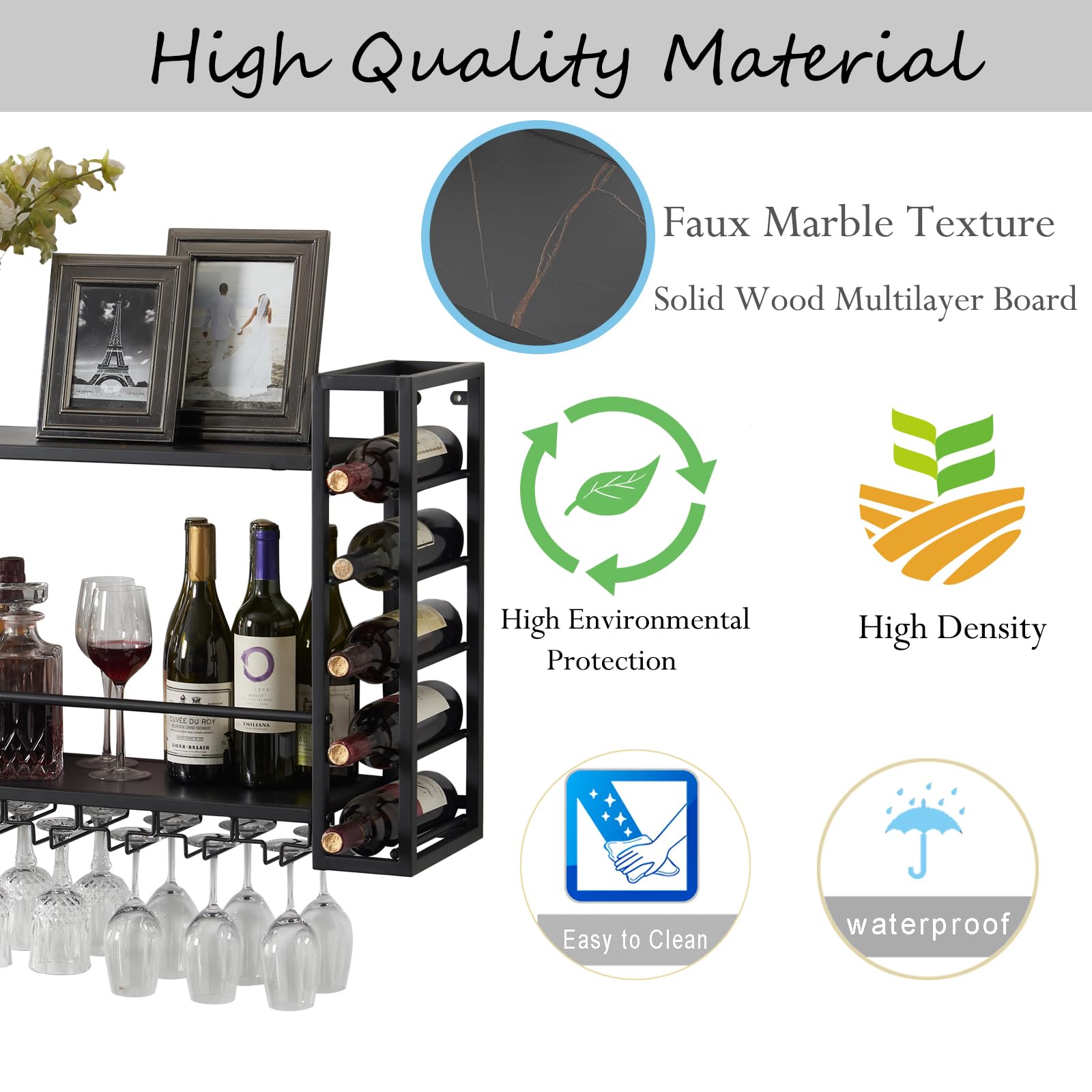 31.5 Inch Black Metal Wall Mounted Wine Rack with Glass Holder - Space Saving Wine Bottle Storage Display for Home Bar, Dining Room, Kitchen - Perfect for Entertaining Guests & Organizing Your Wine Collection