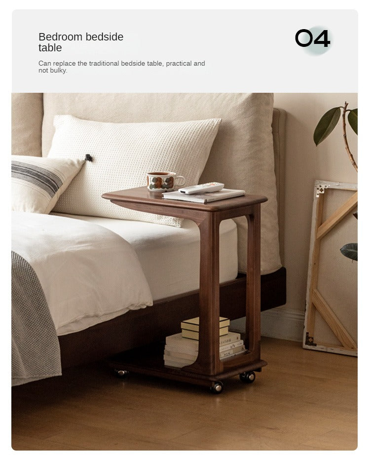 Premium Black Walnut Solid Wood Mobile Side Table - Rolling End Table with Wheels for Living Room, Bedroom, or Office - Natural Wood Nightstand with Storage Shelf
