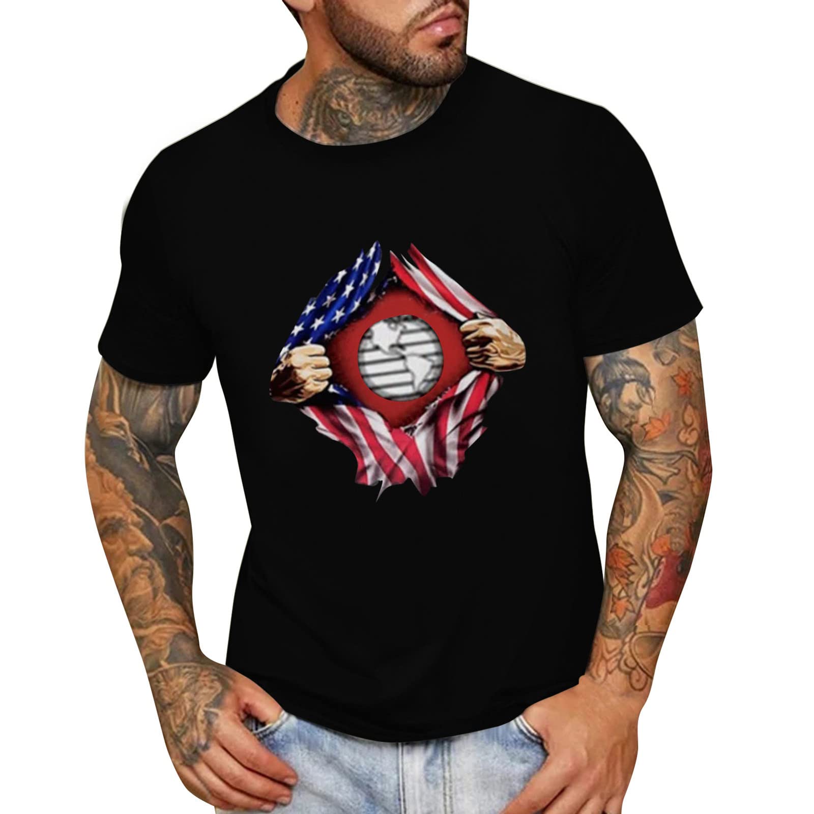 Distressed Comfort T-Shirts for Men - Colorful USA Flag Design, American Star Graphic Tee | Casual Wear, Patriotic Outfits, Street Style Essentials