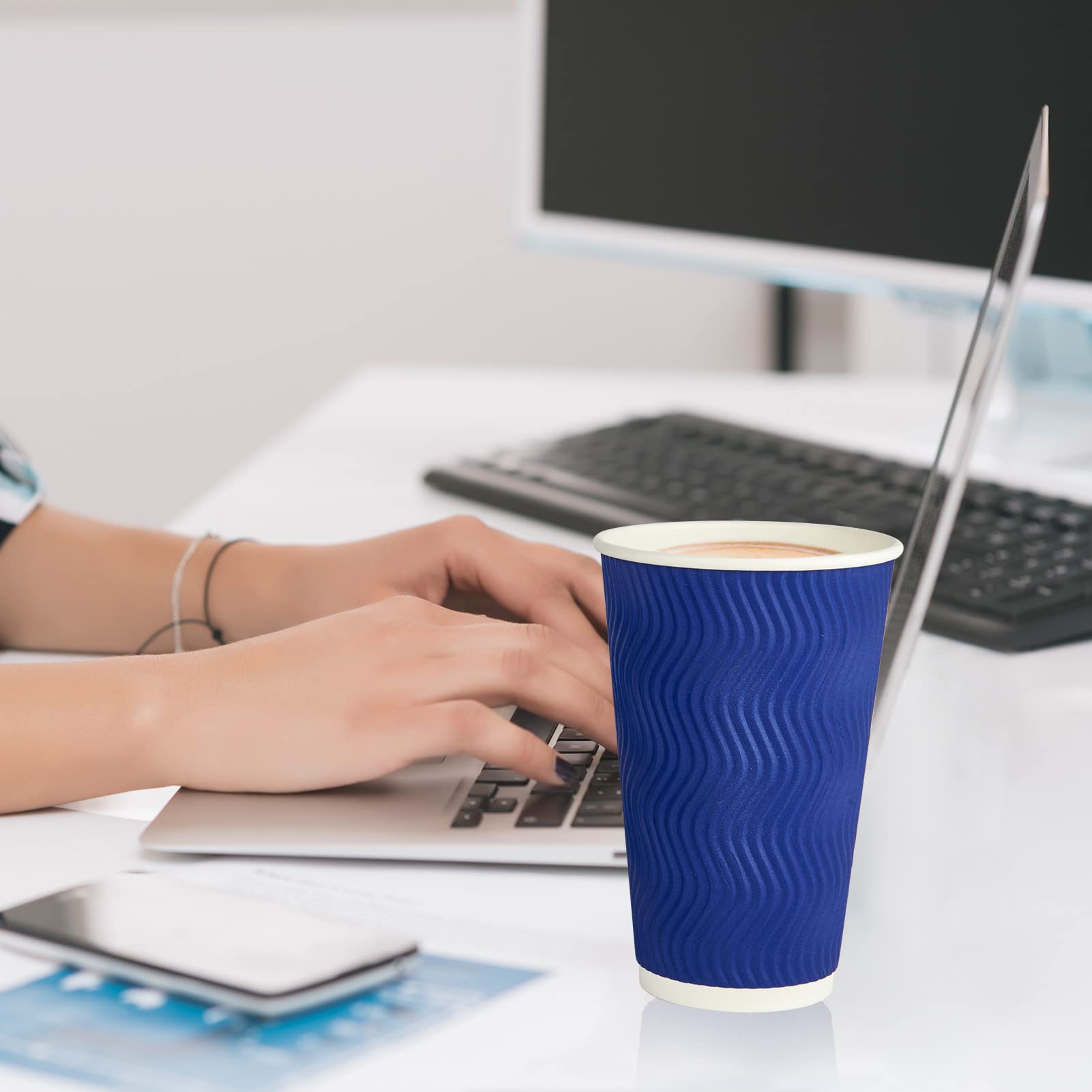 16 oz Disposable Paper Coffee Cups - 60 Pack, Heat Resistant Blue Ripple Wall Cups for Coffee, Tea & Hot Chocolate - Perfect for Office, Cafes & Home Use