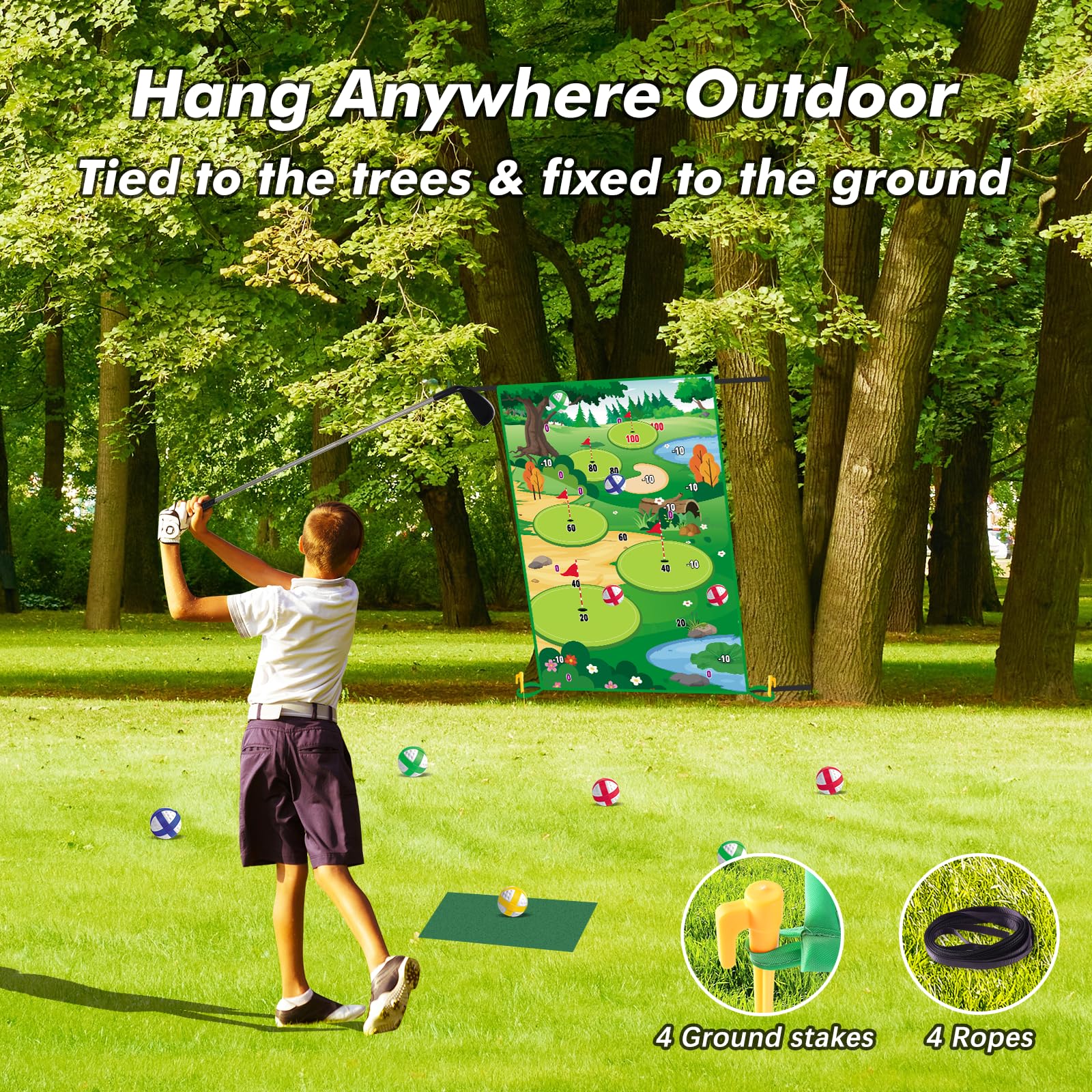 VATOS Golf Chipping Practice Mat with Club & 20 Balls - Indoor/Outdoor Golf Training Mat for Kids & Adults - Perfect for Backyard, Family Fun & Golf Skill Development
