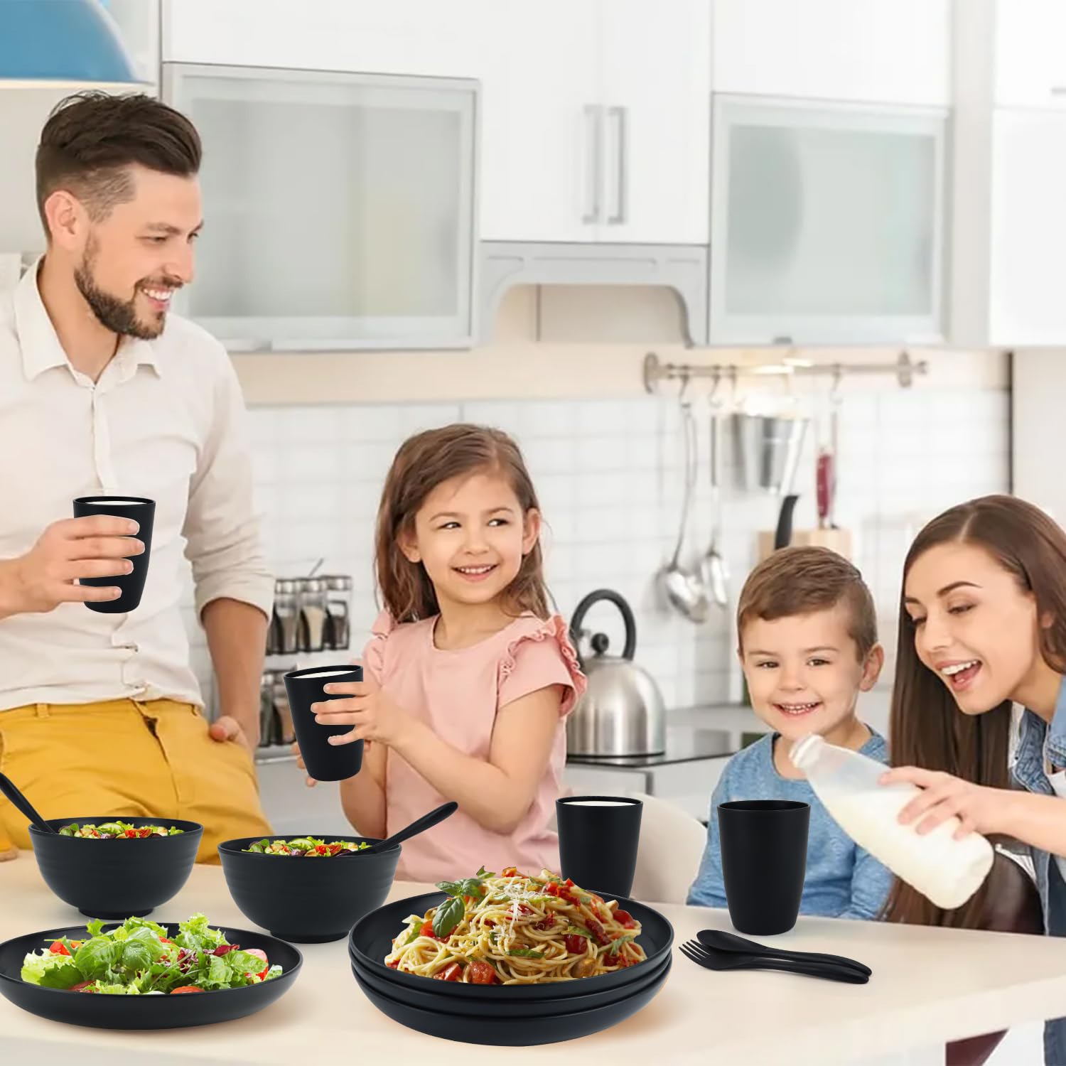 20-Piece Eco-Friendly Wheat Straw Dinnerware Set - Unbreakable Plates & Bowls, Reusable BPA-Free Plastic Alternative - Perfect for Outdoor Camping, Picnics, RV Trips & Microwave-Safe Home Use - 4-Person Set (Black)