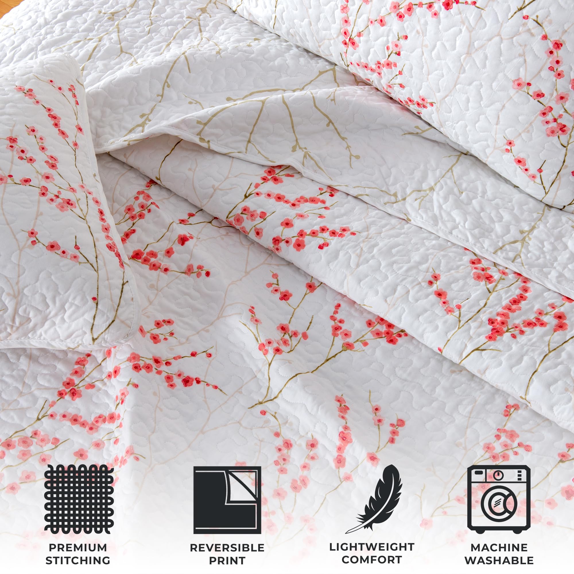Great Bay HOME Sakura Collection 2-Piece Reversible Floral Quilt Set with Shams - Twin Size Cherry Blossom Bedspread Coverlet | Machine Washable | Perfect for Spring Bedroom Decor & Guest Room Styling
