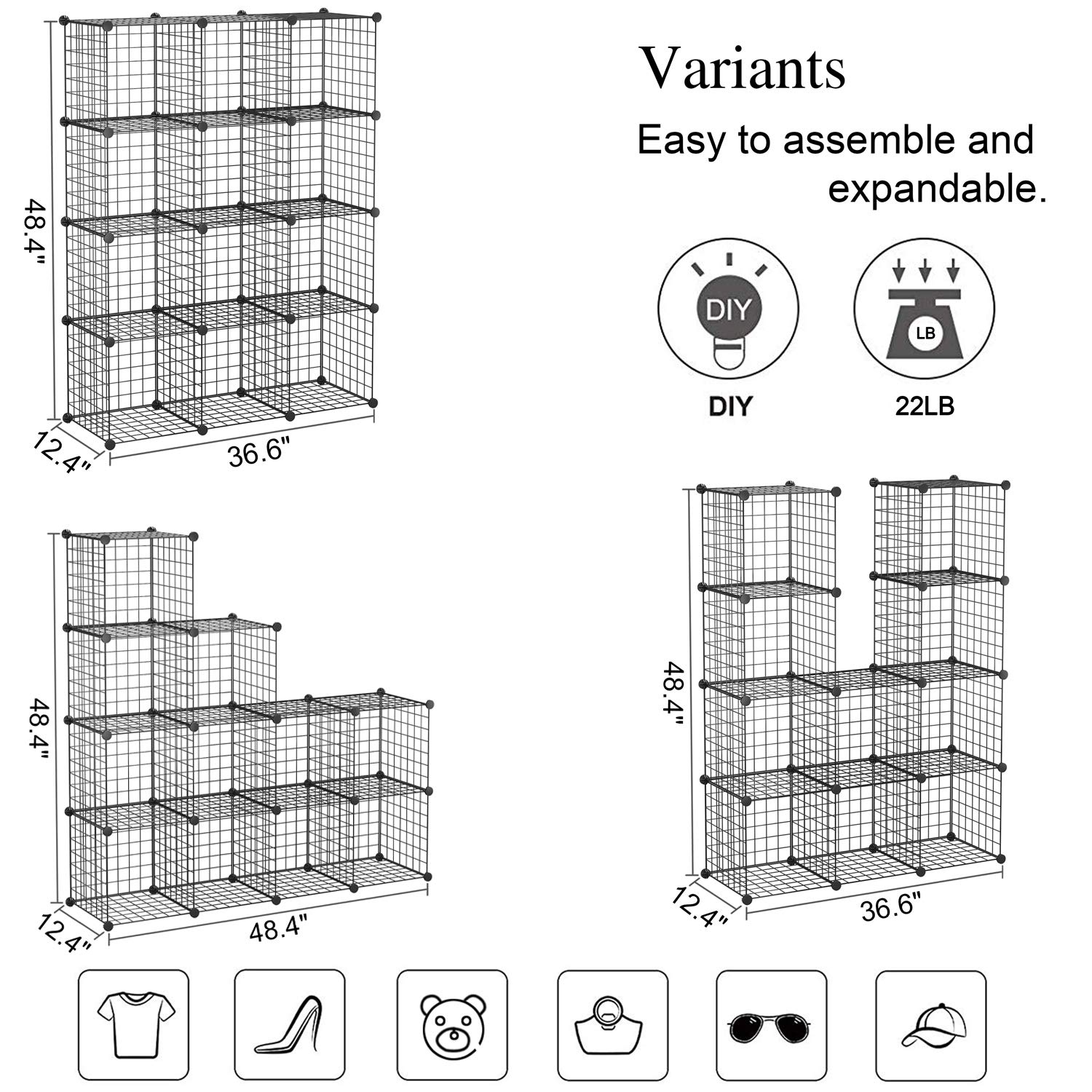 C&AHOME 12-Cube Wire Storage Organizer - Metal Grid Shelving Unit, Modular Bookshelf & Closet Cabinet for Bedroom, Office - 36.6”L x 12.4”W x 48.4”H Black | Perfect for Organizing Clothes, Toys, Books & Home Decor