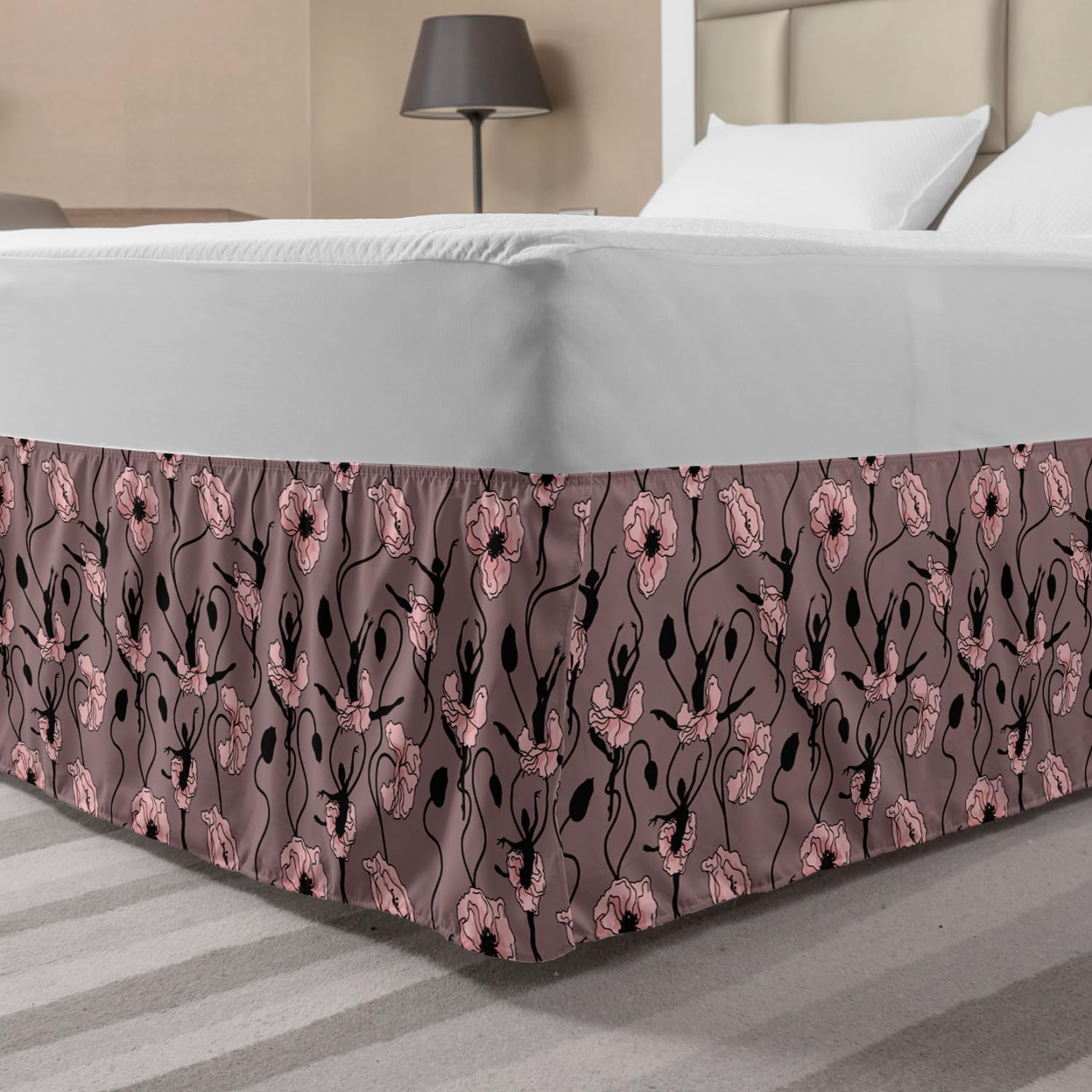 Ambesonne Abstract Elastic Bed Skirt - Blooming Flowers & Ballerina Silhouettes Design, Wrap Around Fabric Dust Ruffle for Queen Size Beds, Rose Black Dried Rose Color | Perfect for Bedroom Decor, Guest Rooms & Master Suite Styling